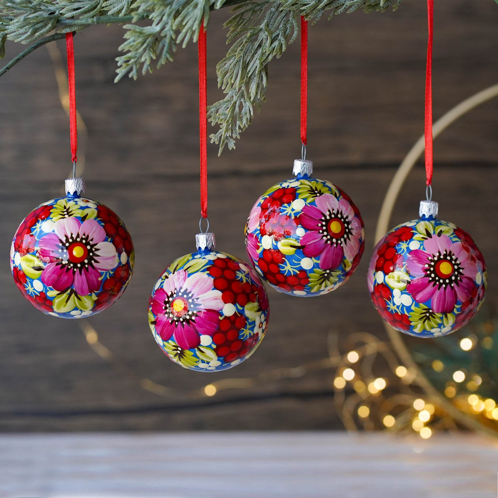 Christmas Ornament Set of 4/6/9 pcs - Hand-painted Ukrainian Christmas Ball Ornaments 2.4 in with Petrykivka art, Unique Pink Flower Baubles