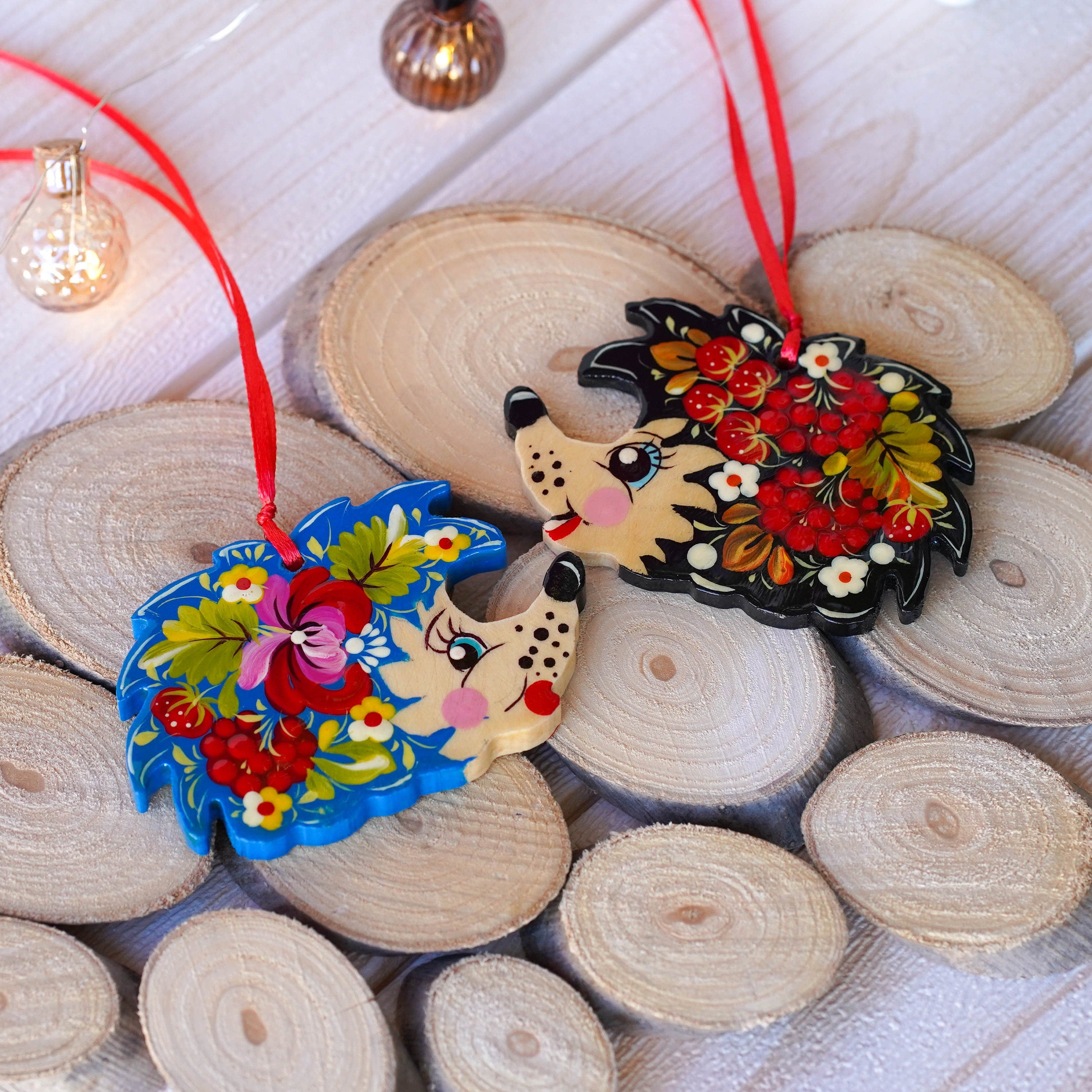 Painted Wooden Hedgehog Ornament - Handmade Ukrainian Petrykivka Art Christmas Tree Decoration