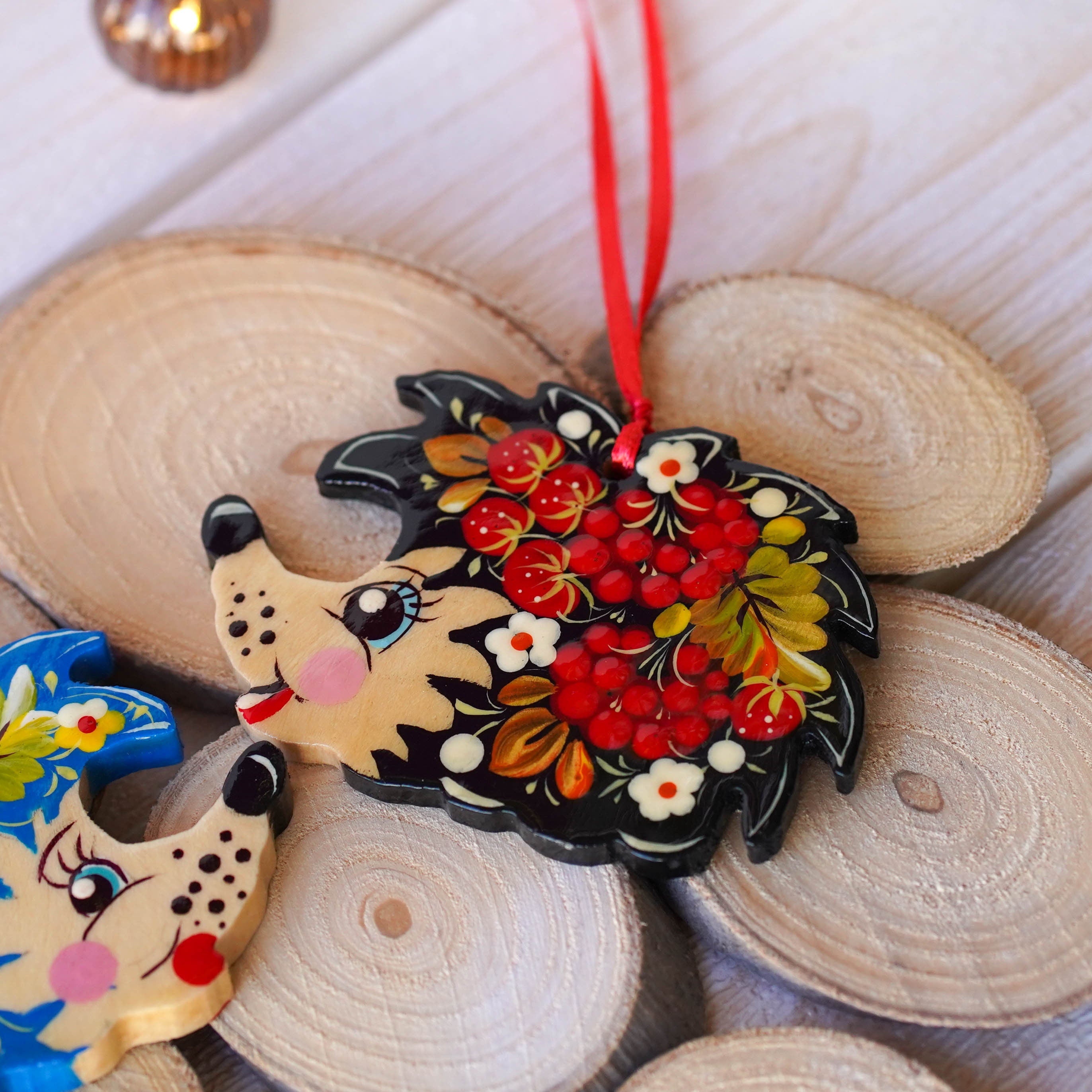 Painted Wooden Hedgehog Ornament - Handmade Ukrainian Petrykivka Art Christmas Tree Decoration