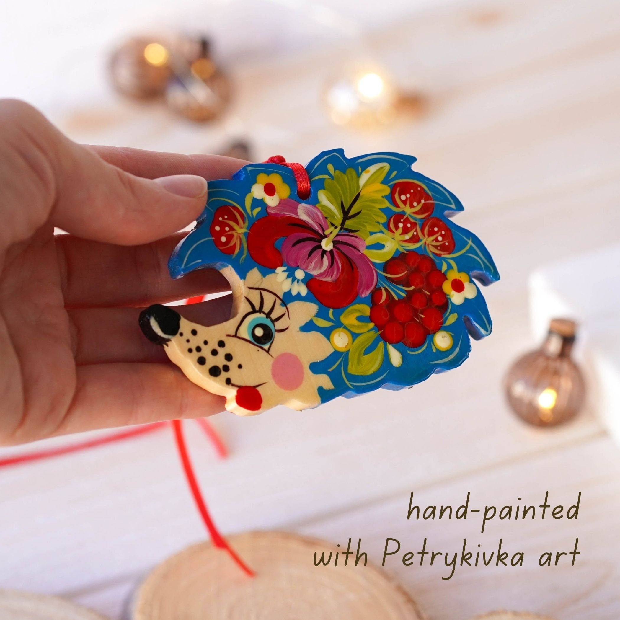 Painted Wooden Hedgehog Ornament - Handmade Ukrainian Petrykivka Art Christmas Tree Decoration with Blue & Red Flowers