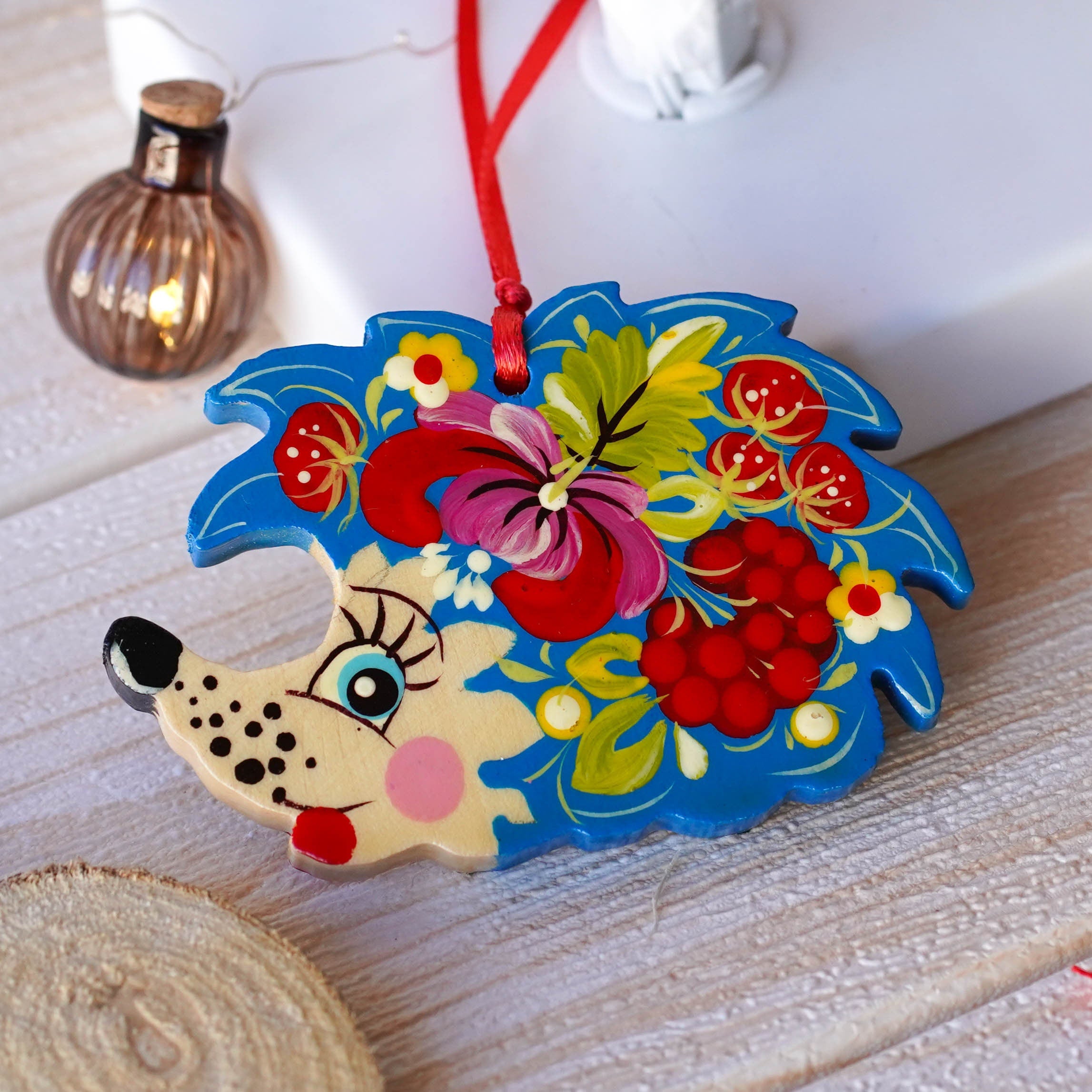 Painted Wooden Hedgehog Ornament - Handmade Ukrainian Petrykivka Art Christmas Tree Decoration with Blue & Red Flowers