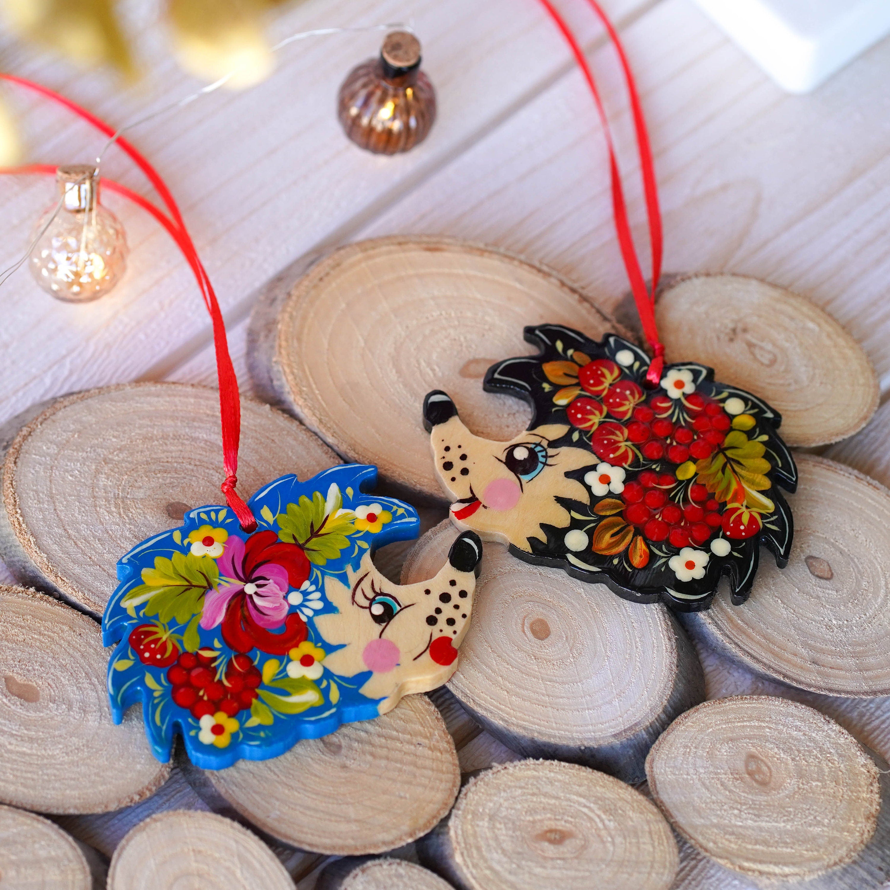 Painted Wooden Hedgehog Ornament - Handmade Ukrainian Petrykivka Art Christmas Tree Decoration with Blue & Red Flowers