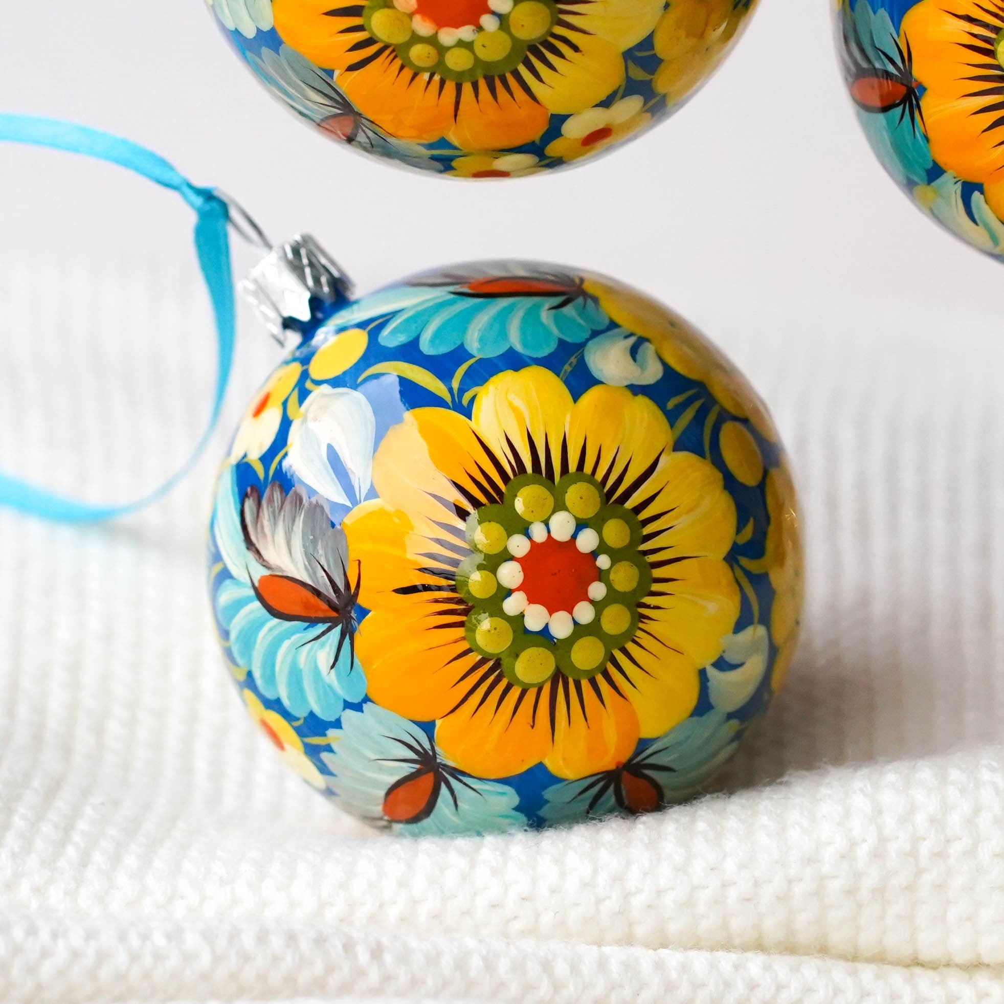 Set of 4/6/9 Painted Christmas Ornaments - Handmade Ukrainian Christmas Balls 2.4 in with Petrykivka art, Blue & Yellow Flower Baubles