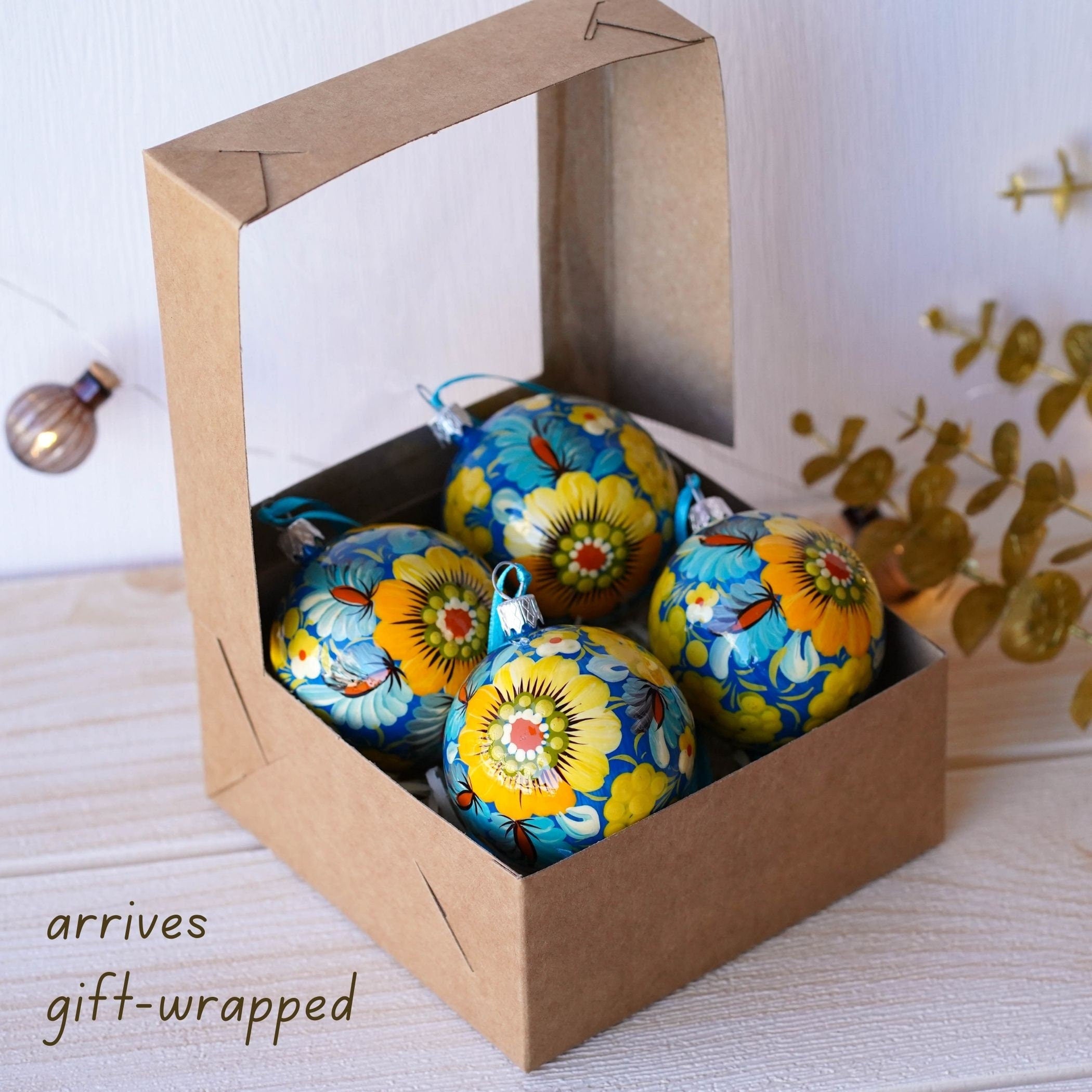 Set of 4/6/9 Painted Christmas Ornaments - Handmade Ukrainian Christmas Balls 2.4 in with Petrykivka art, Blue & Yellow Flower Baubles