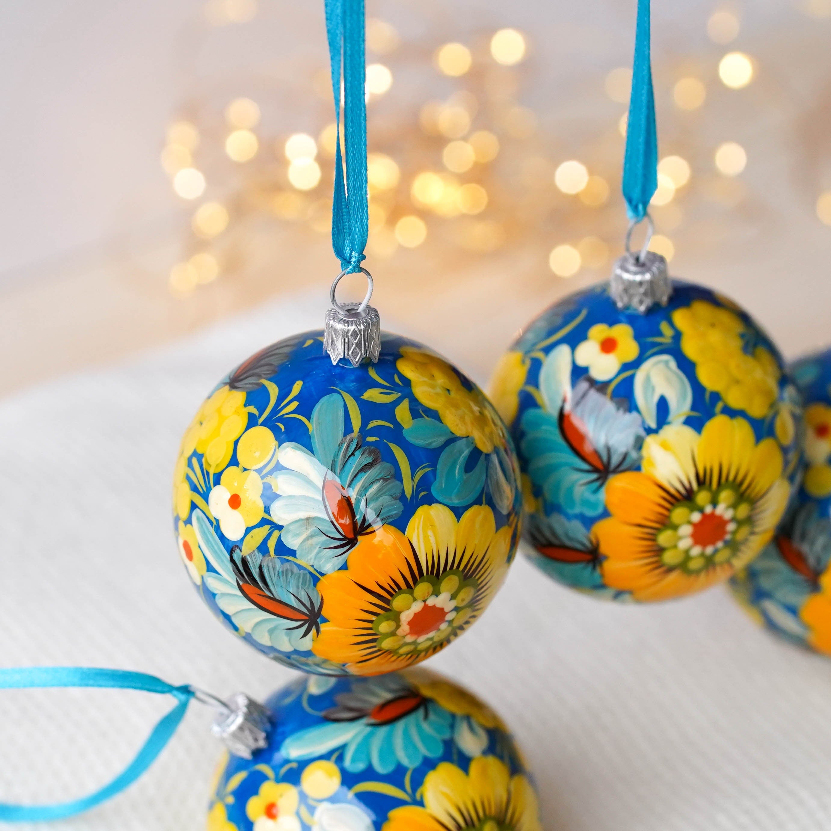 Set of 4/6/9 Painted Christmas Ornaments - Handmade Ukrainian Christmas Balls 2.4 in with Petrykivka art, Blue & Yellow Flower Baubles