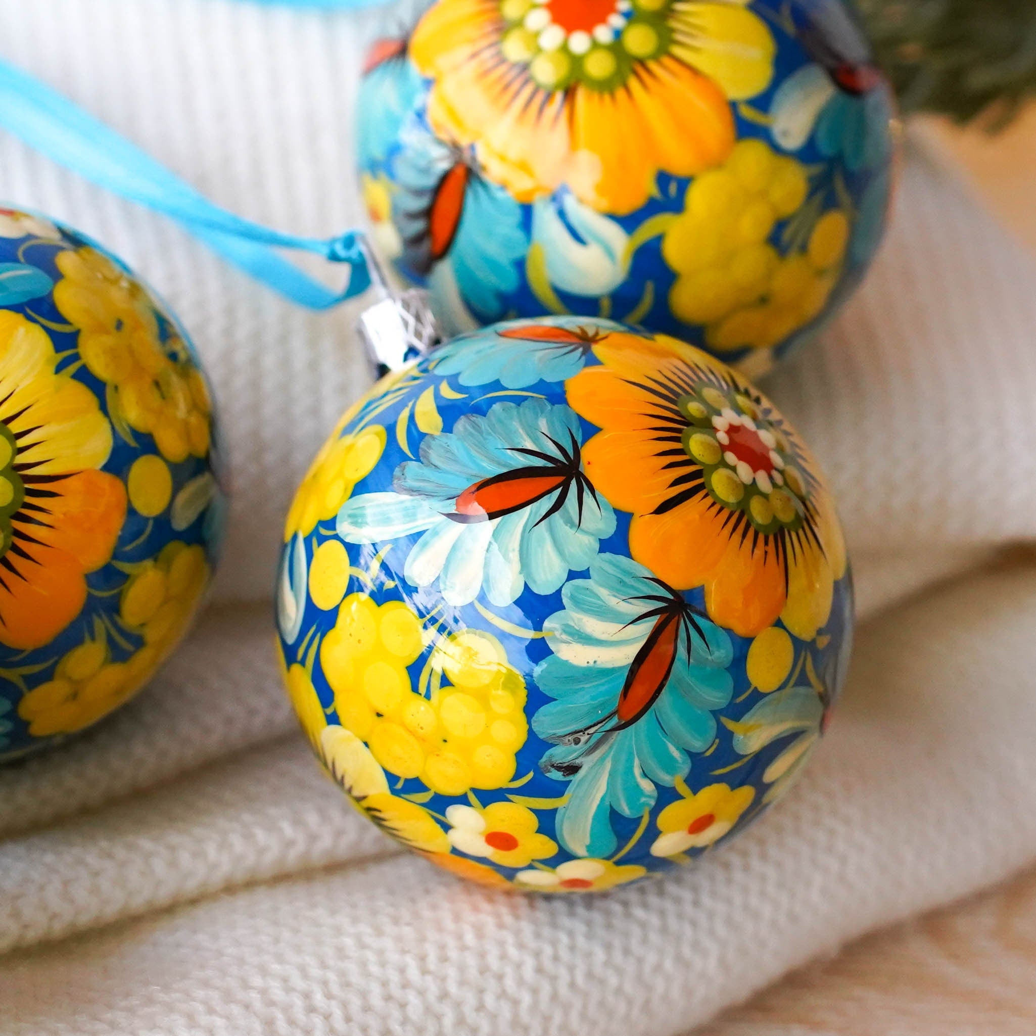 Set of 4/6/9 Painted Christmas Ornaments - Handmade Ukrainian Christmas Balls 2.4 in with Petrykivka art, Blue & Yellow Flower Baubles