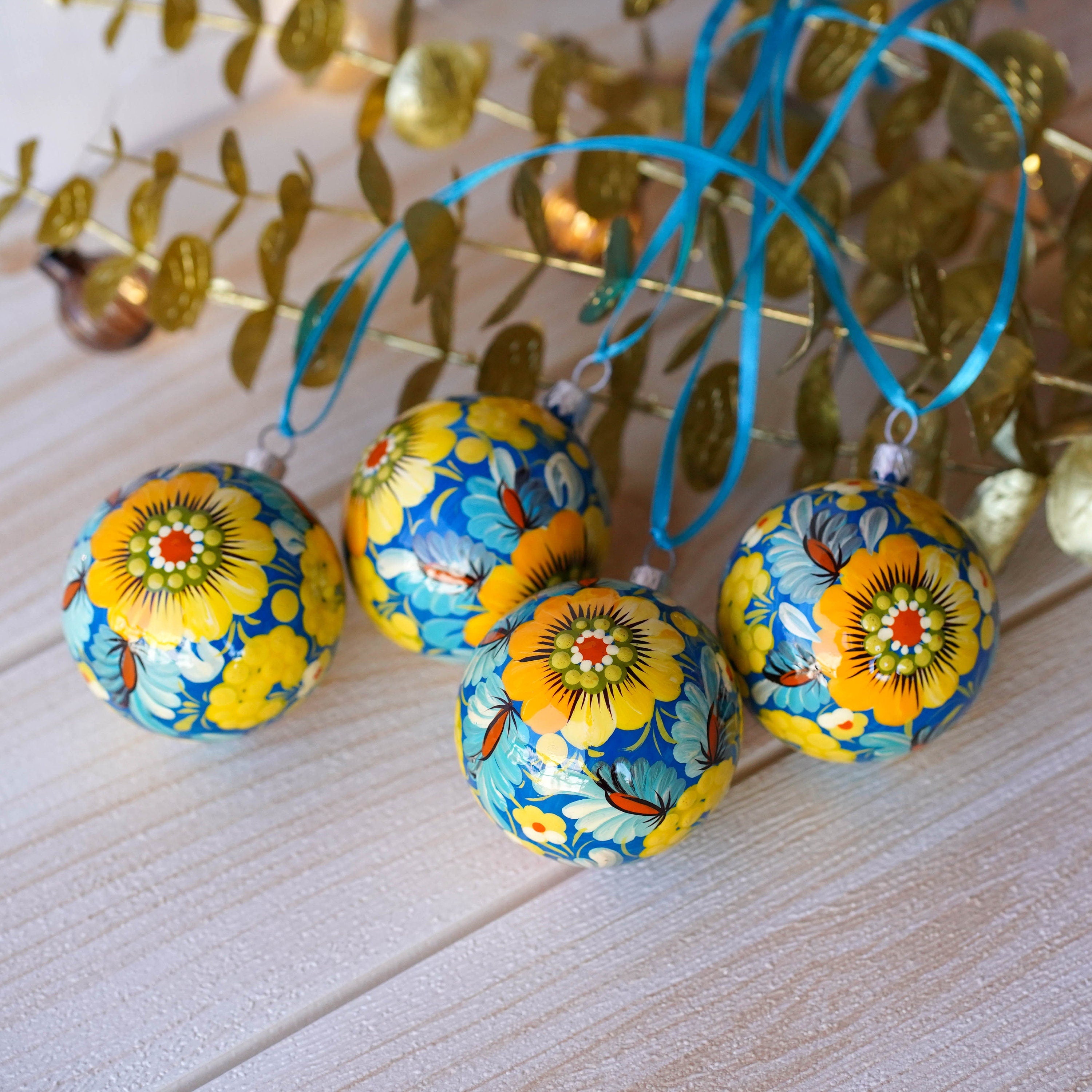 Set of 4/6/9 Painted Christmas Ornaments - Handmade Ukrainian Christmas Balls 2.4 in with Petrykivka art, Blue & Yellow Flower Baubles