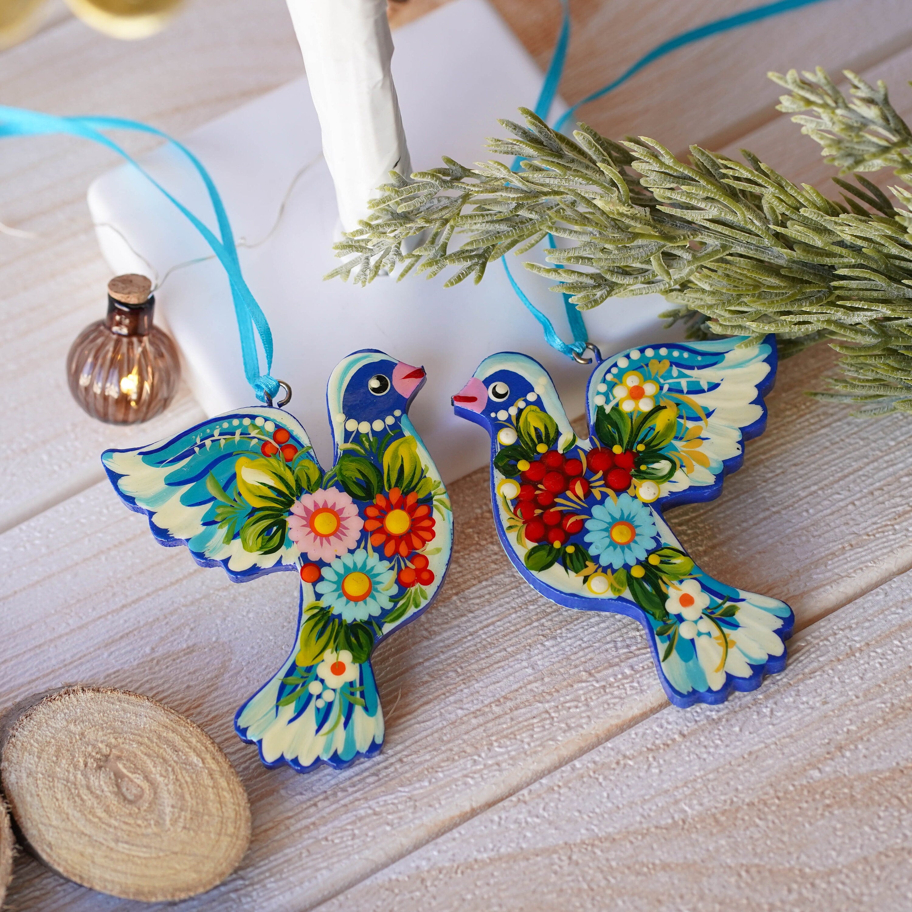 Set of 2 Painted Wooden Dove Christmas Ornaments - Handmade Ukrainian Petrykivka Ornaments, Unique Flower Peace Dove Ornament Set