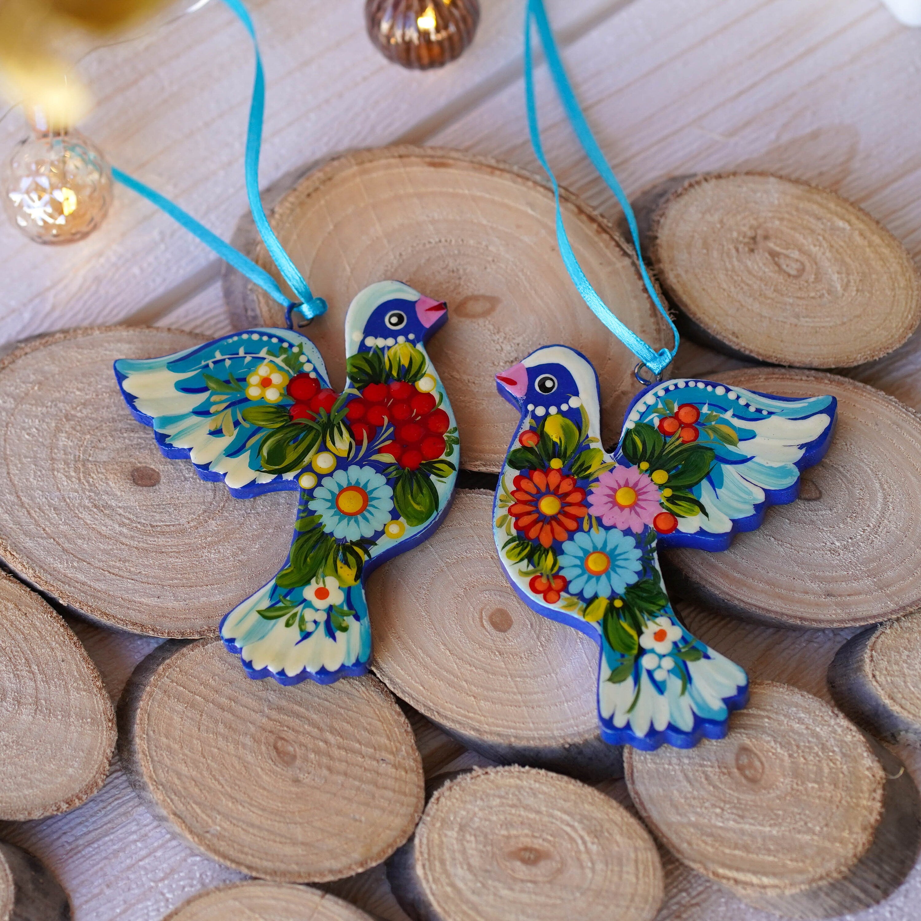 Set of 2 Painted Wooden Dove Christmas Ornaments - Handmade Ukrainian Petrykivka Ornaments, Unique Flower Peace Dove Ornament Set