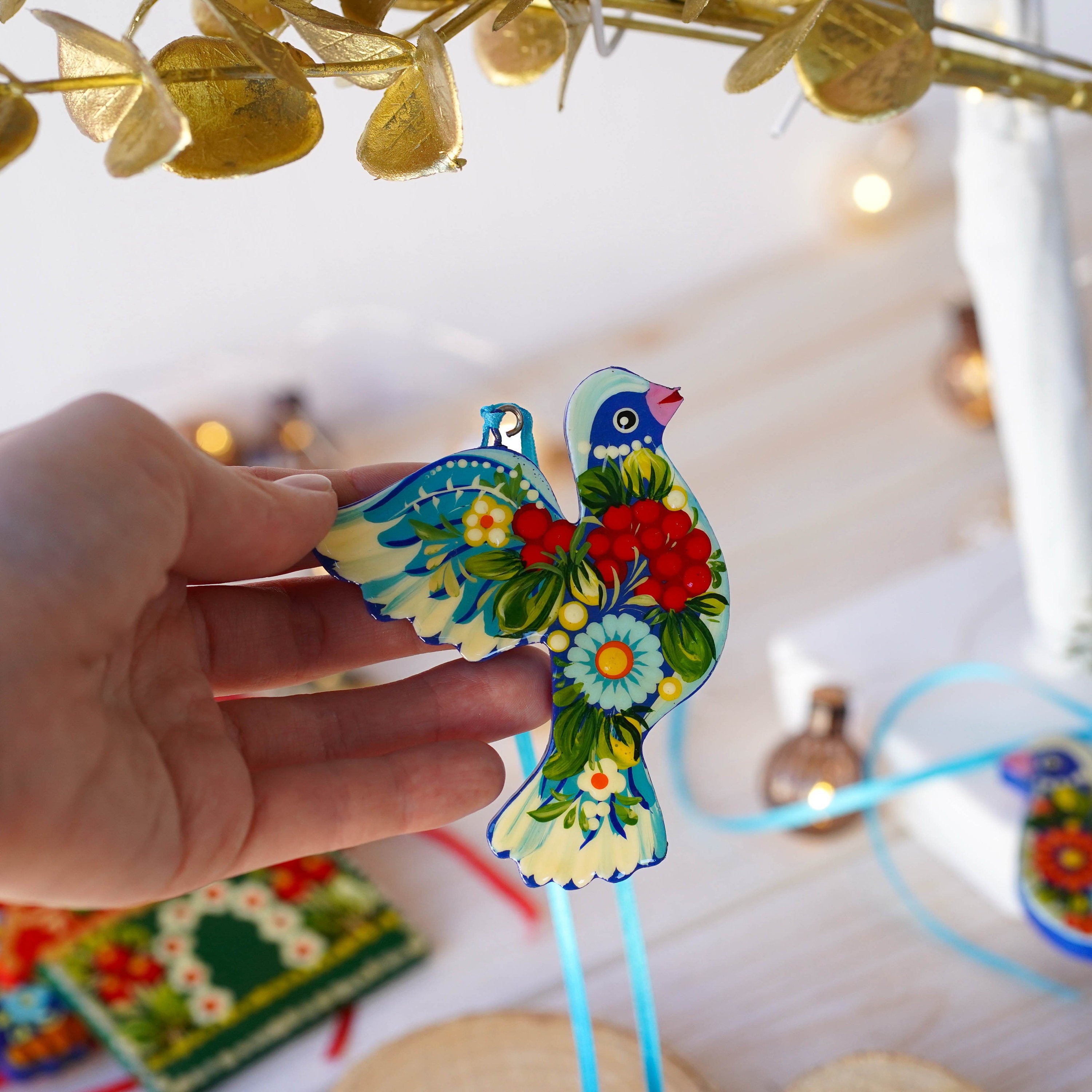 Set of 2 Painted Wooden Dove Christmas Ornaments - Handmade Ukrainian Petrykivka Ornaments, Unique Flower Peace Dove Ornament Set