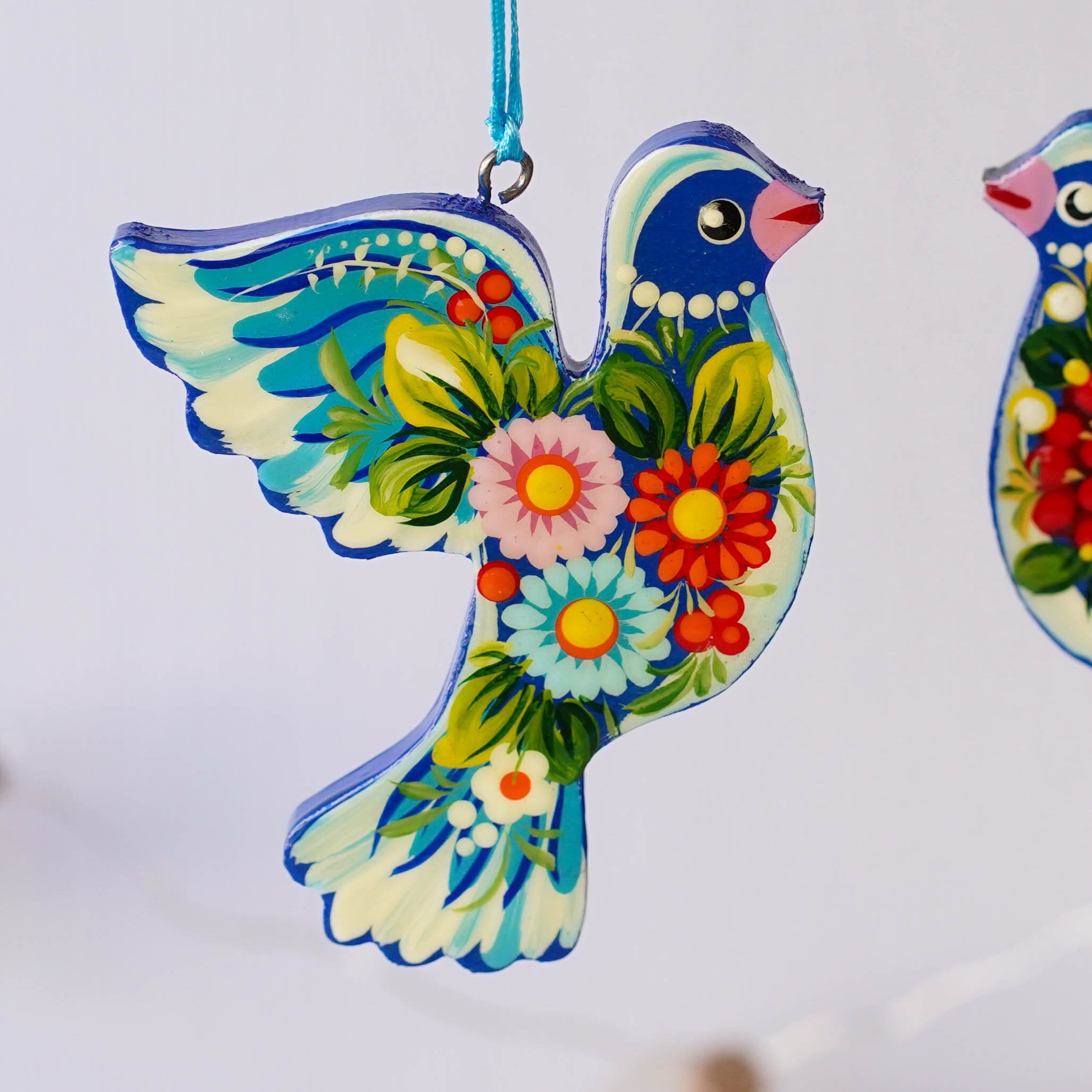 Set of 2 Painted Wooden Dove Christmas Ornaments - Handmade Ukrainian Petrykivka Ornaments, Unique Flower Peace Dove Ornament Set