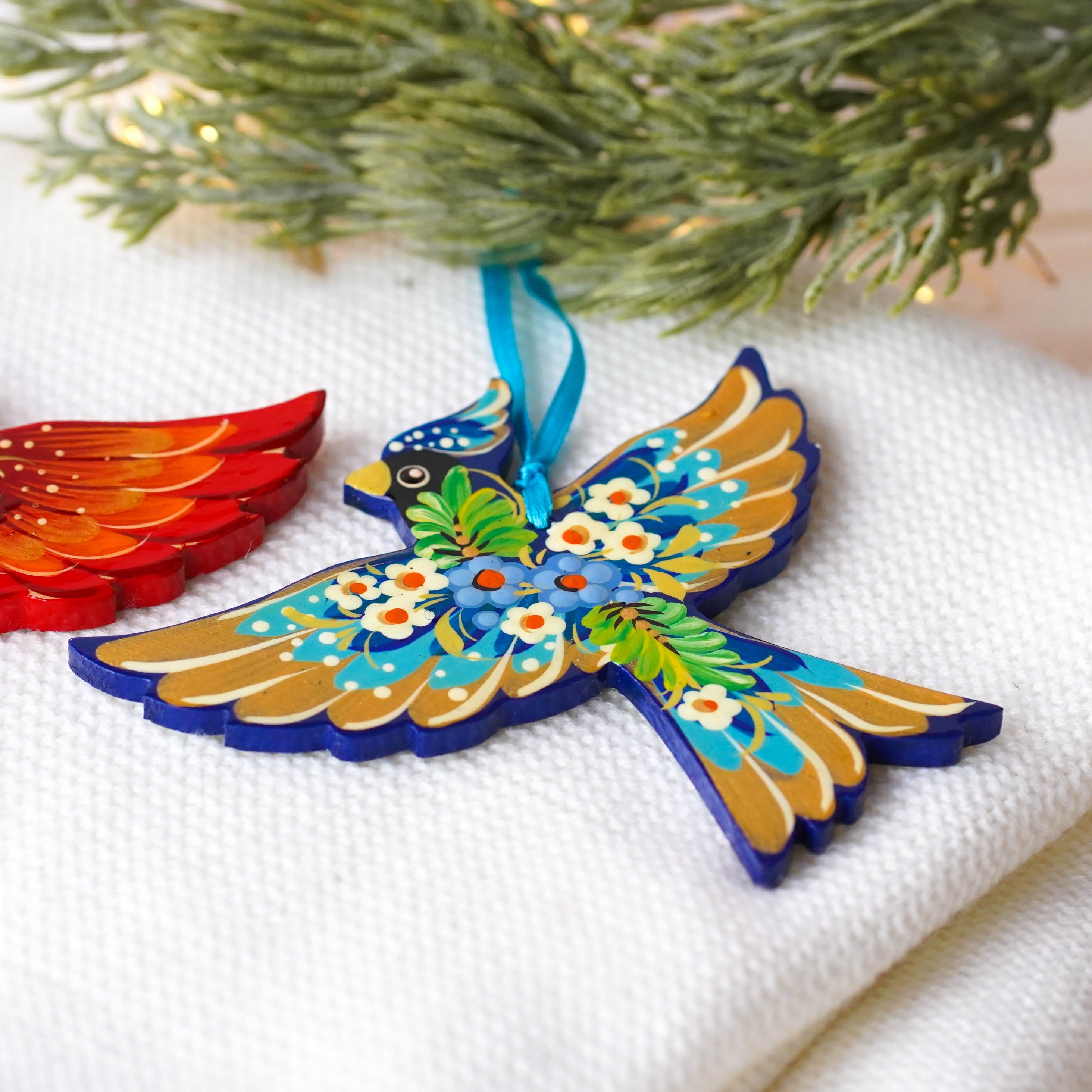 Cardinal Christmas Ornament - Hand-painted Wooden Blue Cardinal Christmas Tree Decoration, Handmade Ukrainian Petrykivka Blue Bird Ornament