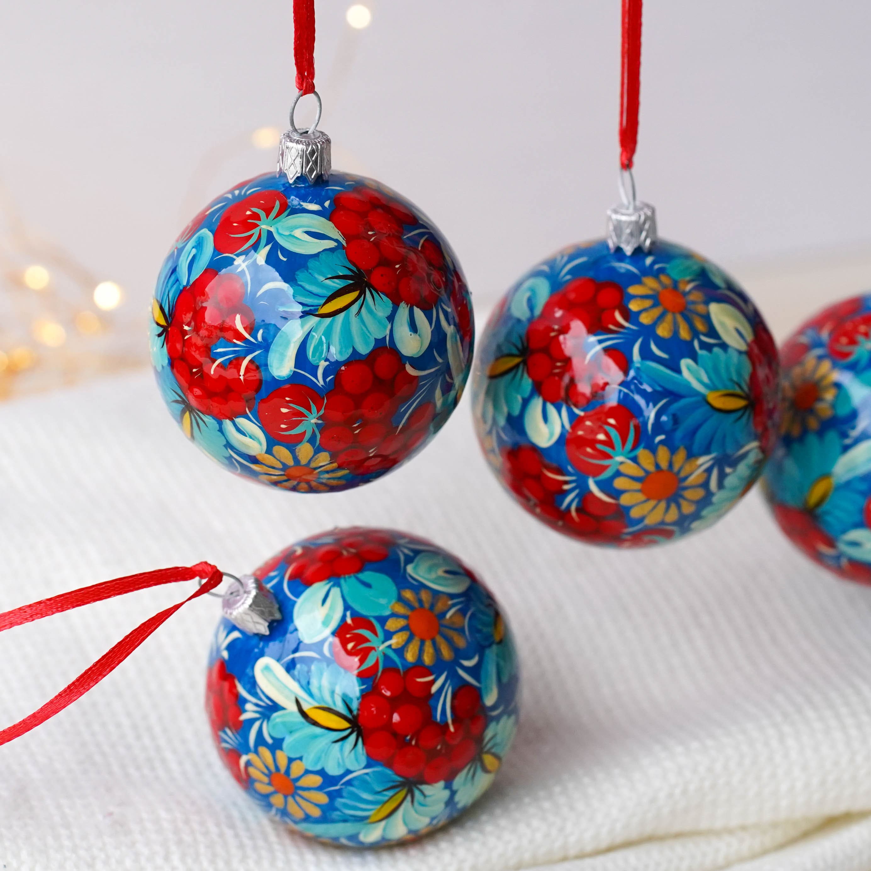 Set of 4/6/9 Hand-painted Christmas Ornaments 2.4 in, Handmade Ukrainian Christmas Tree Balls, Blue & Red Flower Christmas Baubles