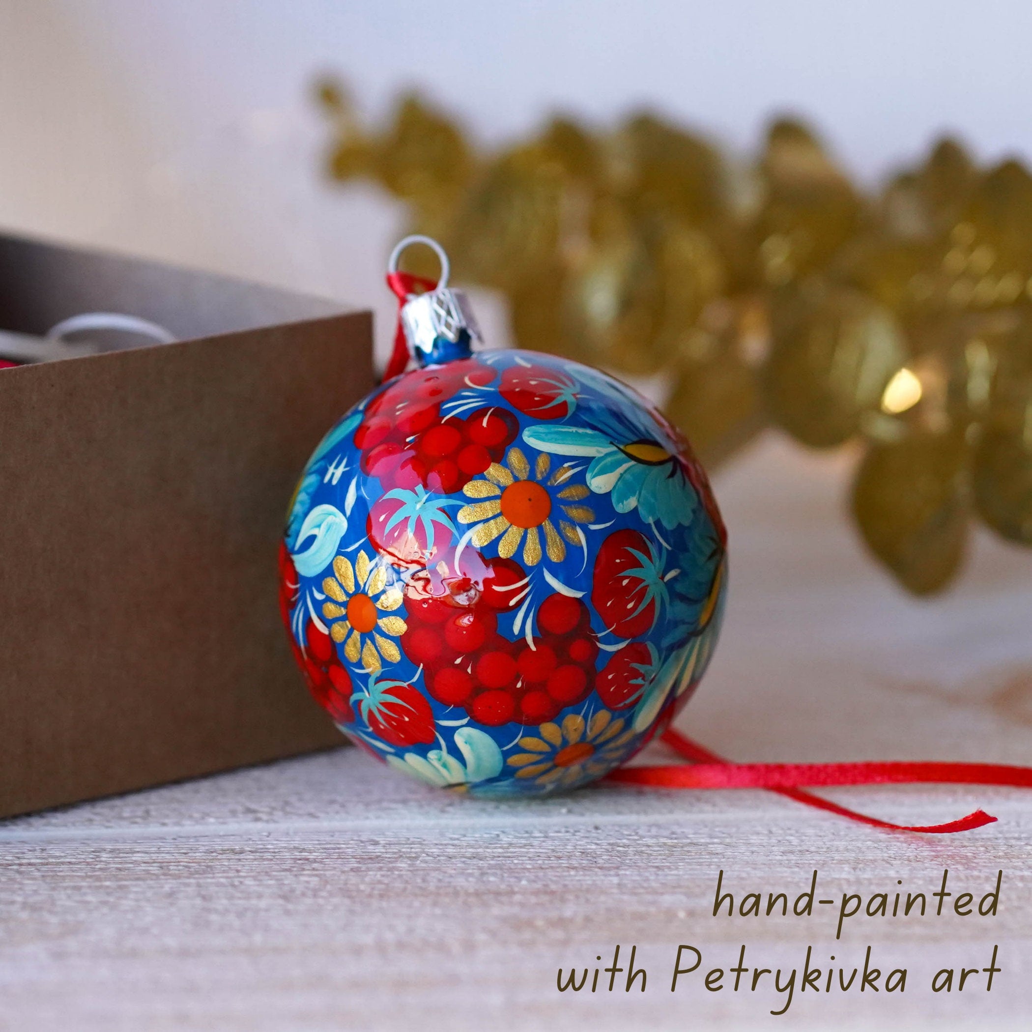 Set of 4/6/9 Hand-painted Christmas Ornaments 2.4 in, Handmade Ukrainian Christmas Tree Balls, Blue & Red Flower Christmas Baubles