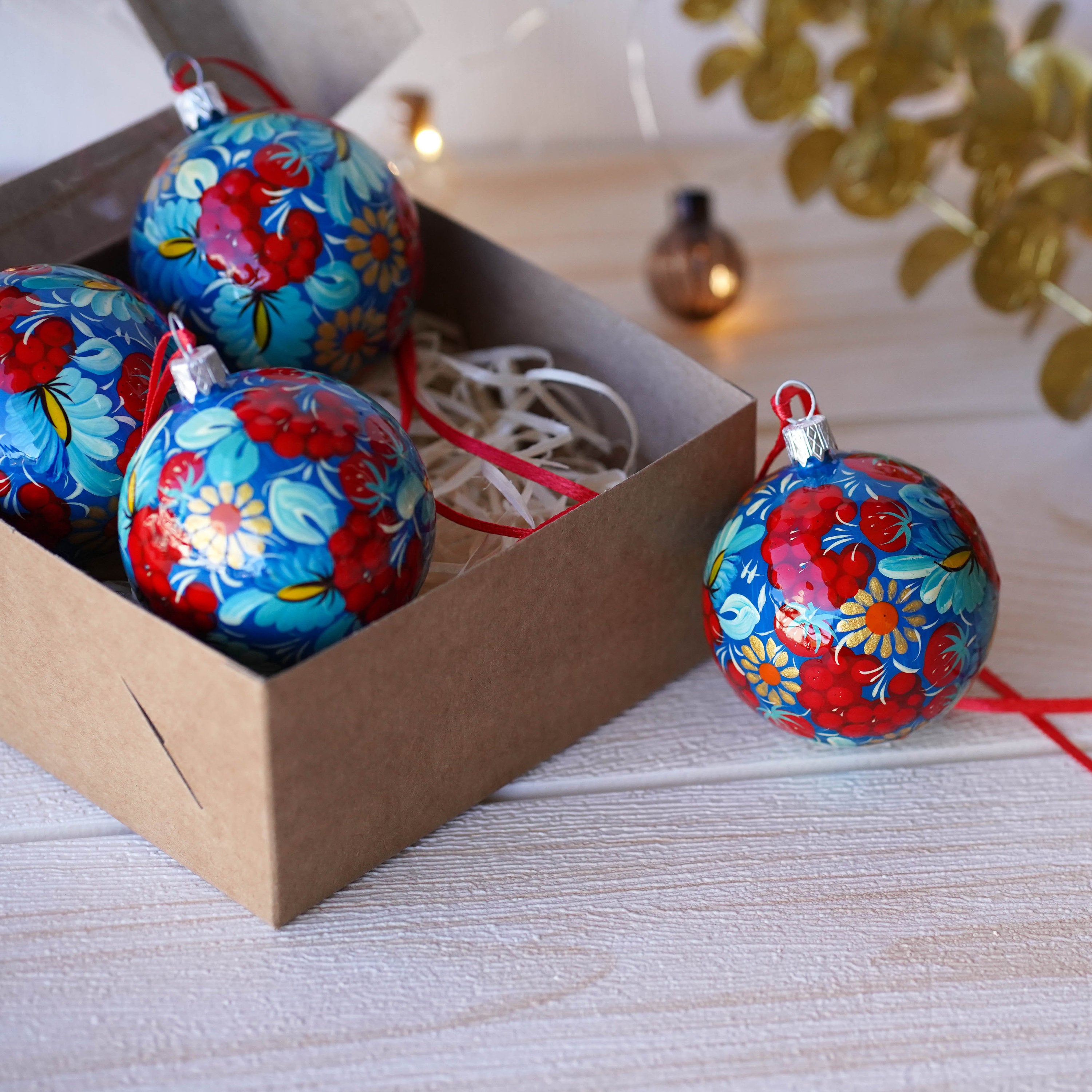 Set of 4/6/9 Hand-painted Christmas Ornaments 2.4 in, Handmade Ukrainian Christmas Tree Balls, Blue & Red Flower Christmas Baubles