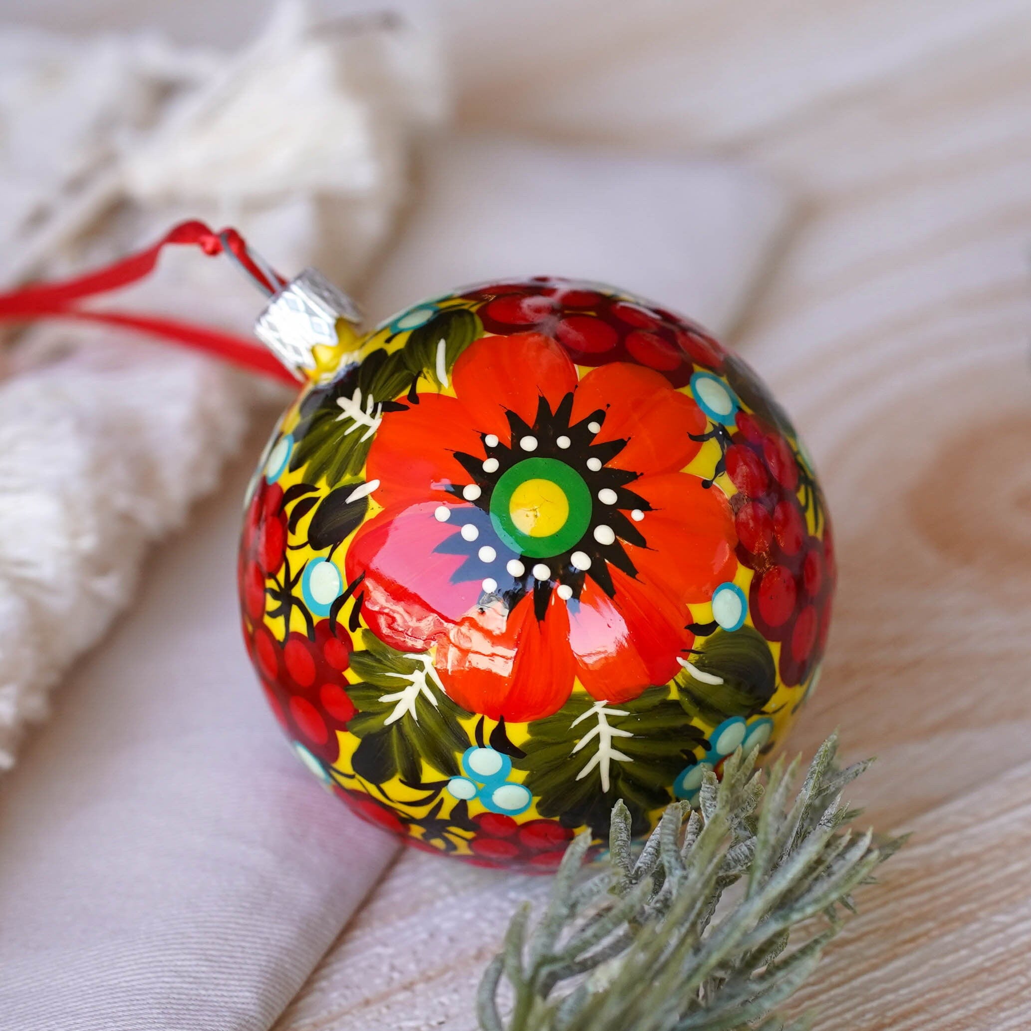 Set of 4 Painted Christmas Ornaments - Handmade Ukrainian Christmas Balls 2.4 in with Petrykivka art, Unique Orange & Red Flower Baubles