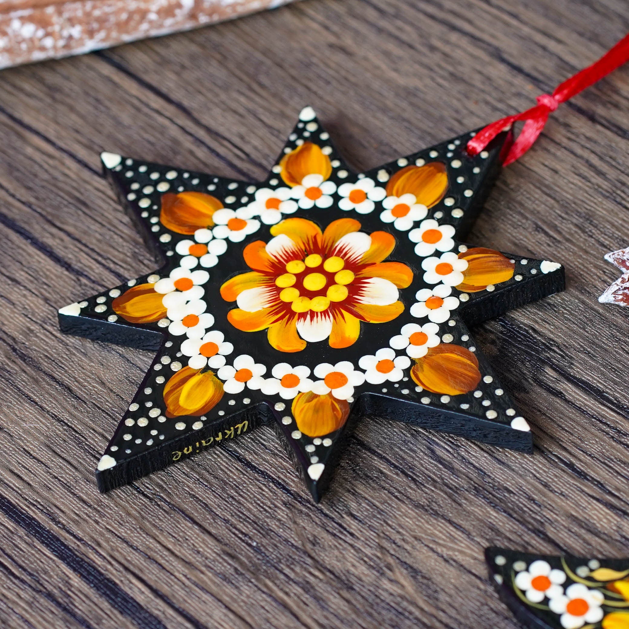 Set of Painted Wooden Christmas Ornaments - Handmade Tree and Star Decorations, Petrykivka Art Orange & Yellow Flower Ukrainian Ornaments