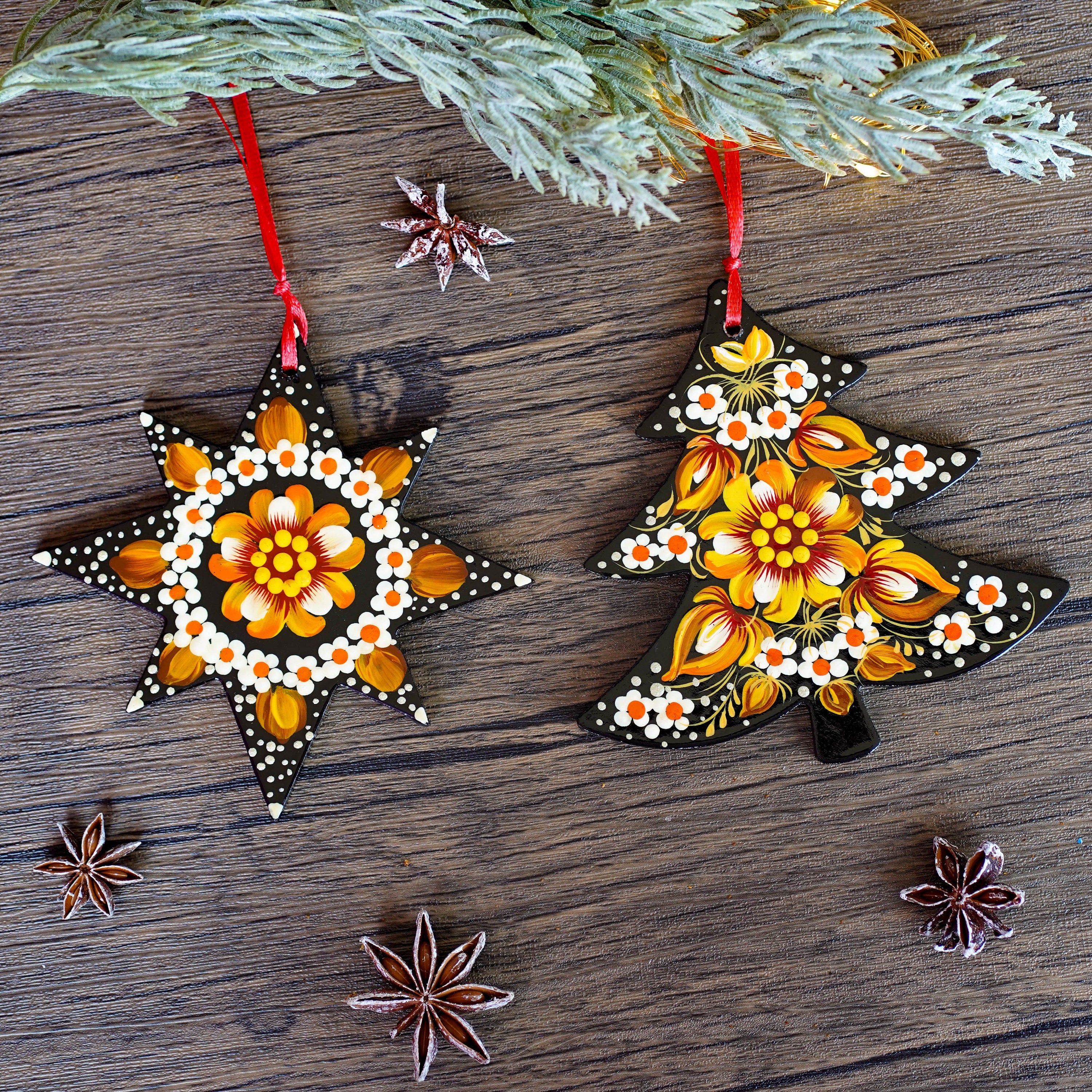 Set of Painted Wooden Christmas Ornaments - Handmade Tree and Star Decorations, Petrykivka Art Orange & Yellow Flower Ukrainian Ornaments