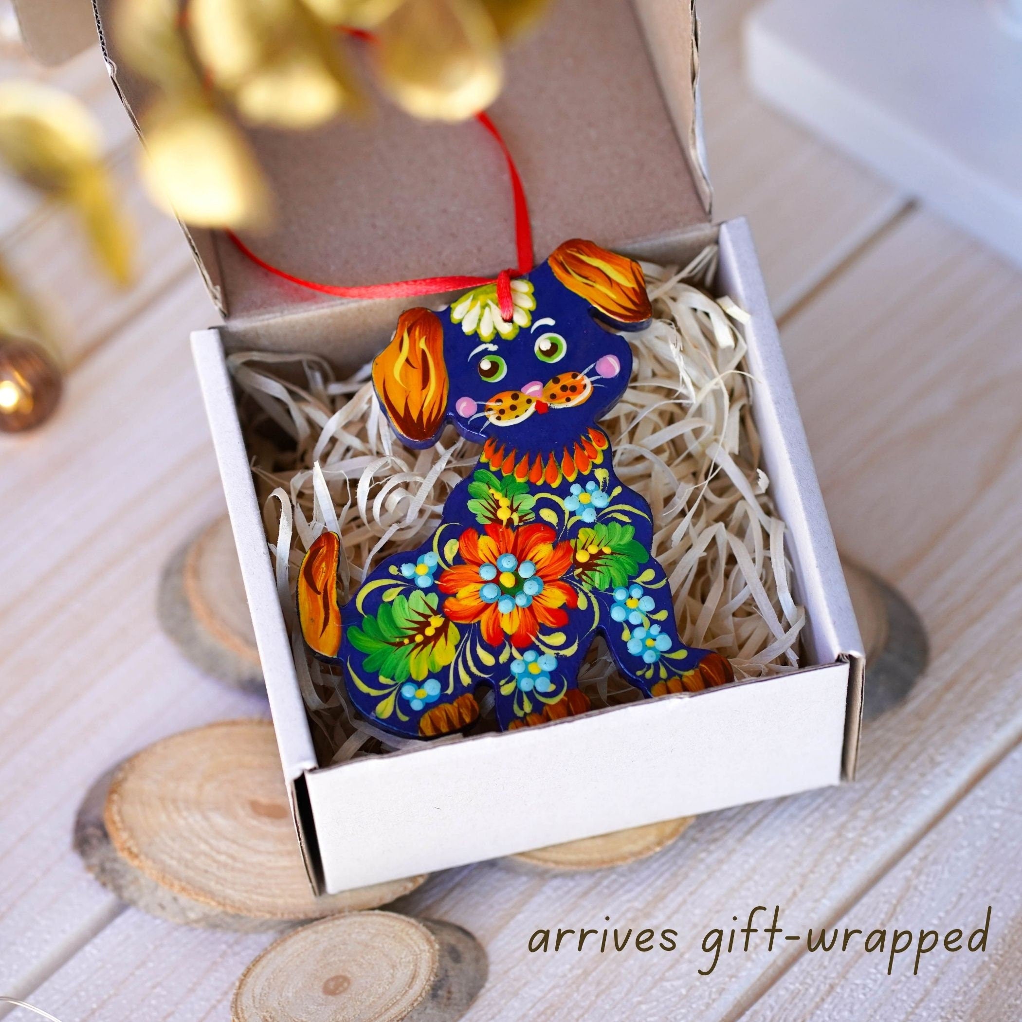 Hand-painted Wooden Dog Ornament - Handmade Ukrainian Petrykivka Art Christmas Tree Decoration, Unique Orange & Blue Flower Ornament