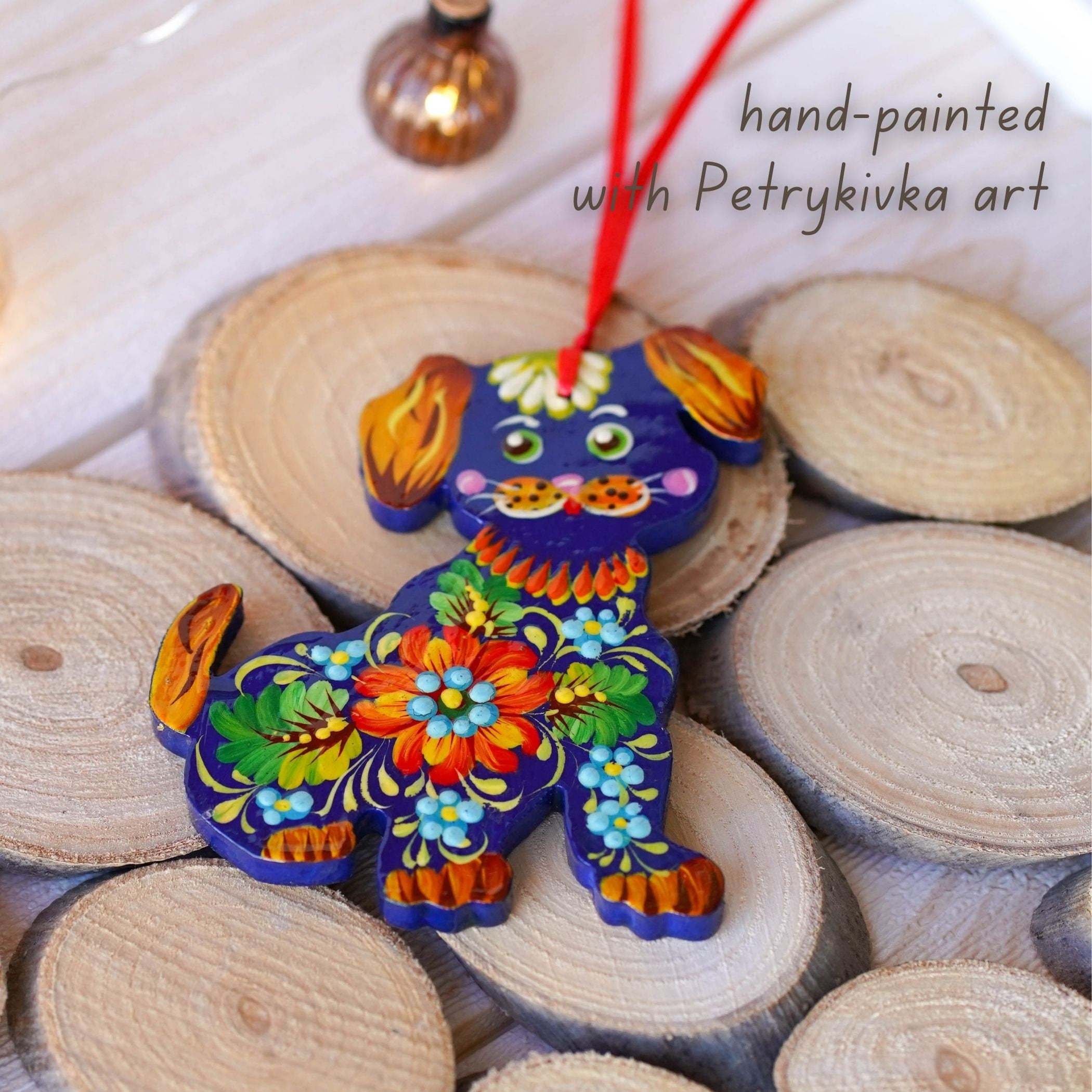 Hand-painted Wooden Dog Ornament - Handmade Ukrainian Petrykivka Art Christmas Tree Decoration, Unique Orange & Blue Flower Ornament