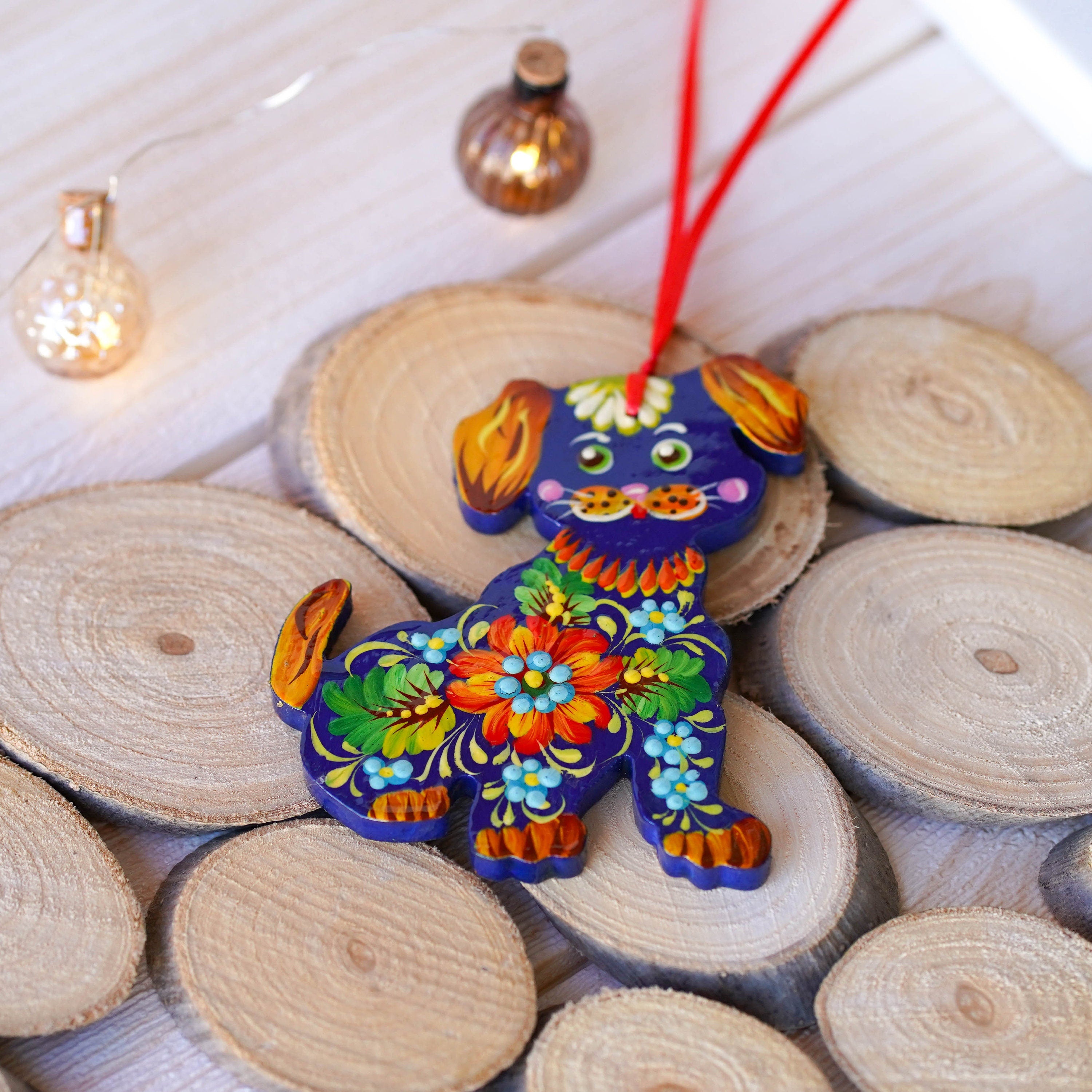 Hand-painted Wooden Dog Ornament - Handmade Ukrainian Petrykivka Art Christmas Tree Decoration, Unique Orange & Blue Flower Ornament