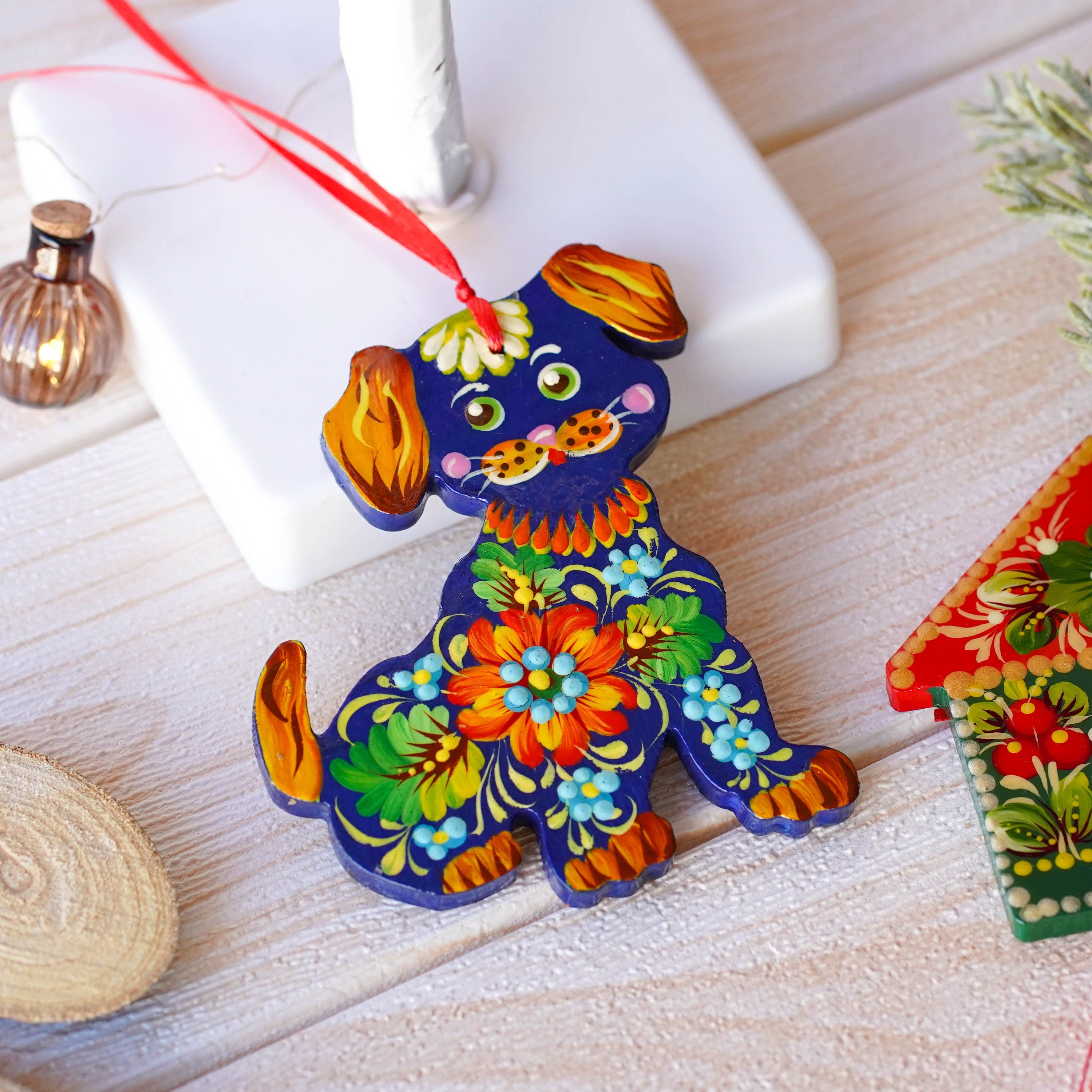 Hand-painted Wooden Dog Ornament - Handmade Ukrainian Petrykivka Art Christmas Tree Decoration, Unique Orange & Blue Flower Ornament