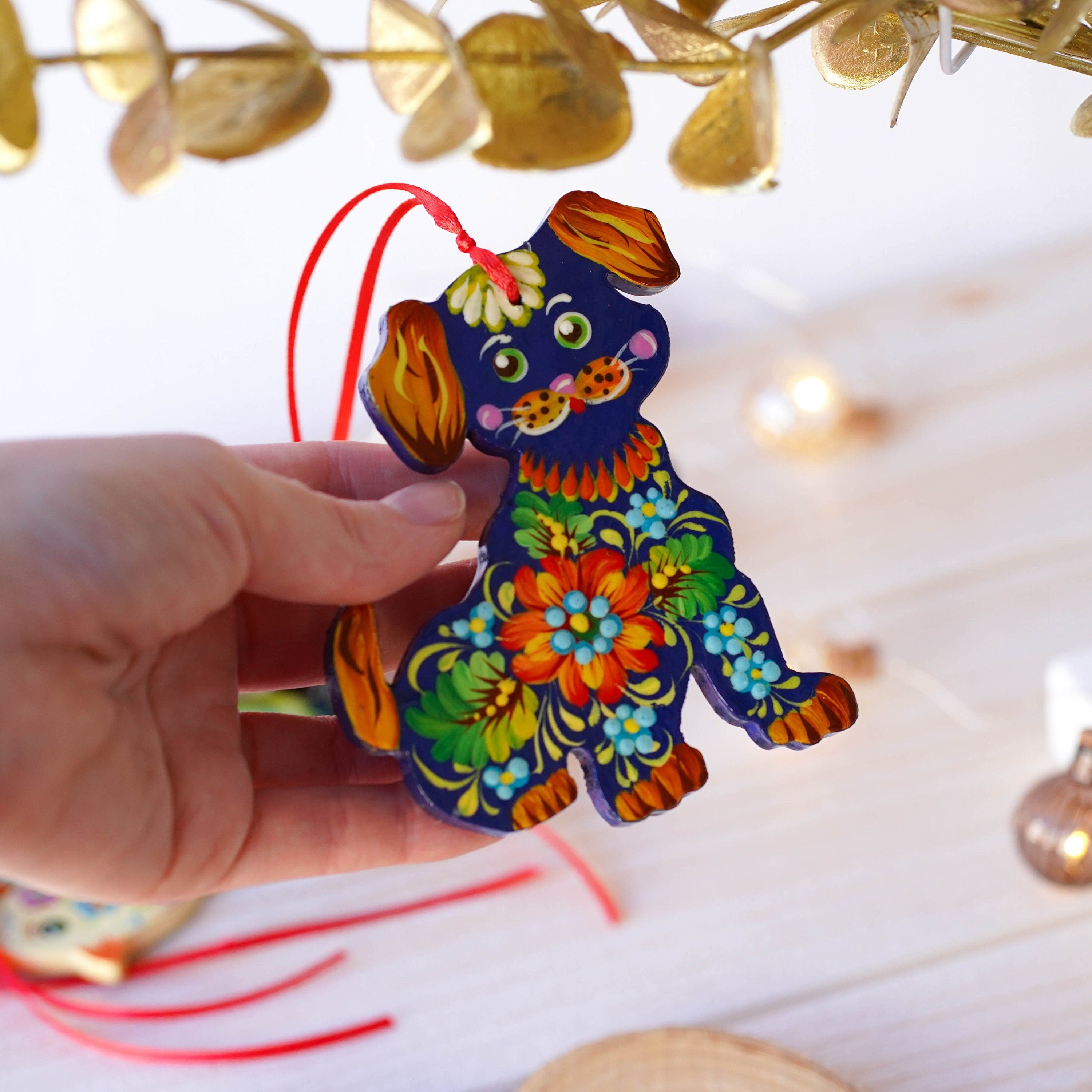 wooden painted dog ornament