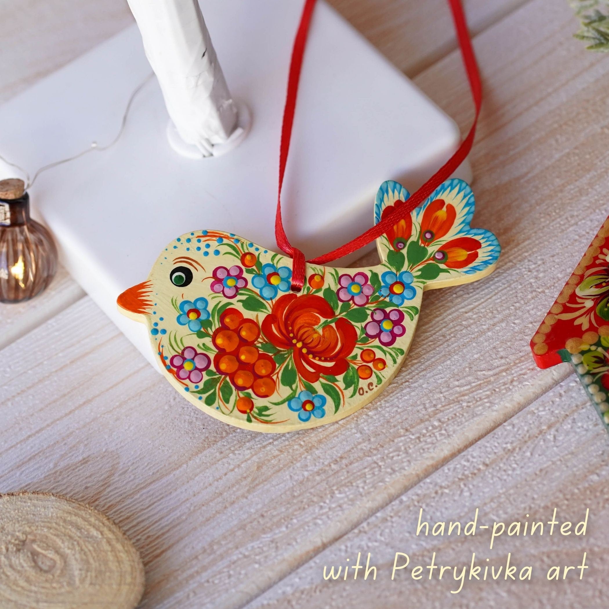 Set of Hand-painted Wooden Bunny & Bird Ornaments - Handmade Red Flower Ukrainian Petrykivka Art Christmas Tree Decorations, Unique