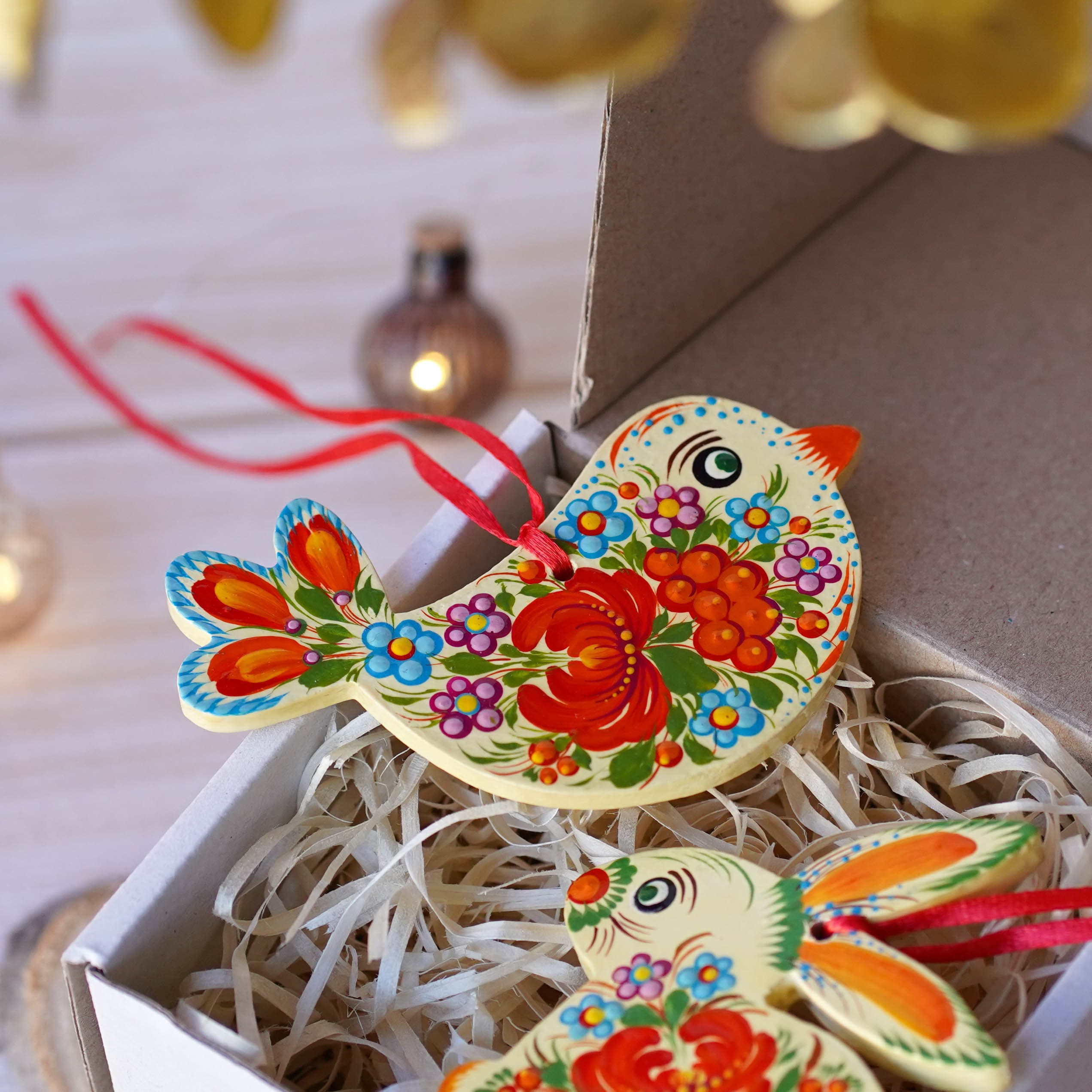 Set of Hand-painted Wooden Bunny & Bird Ornaments - Handmade Red Flower Ukrainian Petrykivka Art Christmas Tree Decorations, Unique