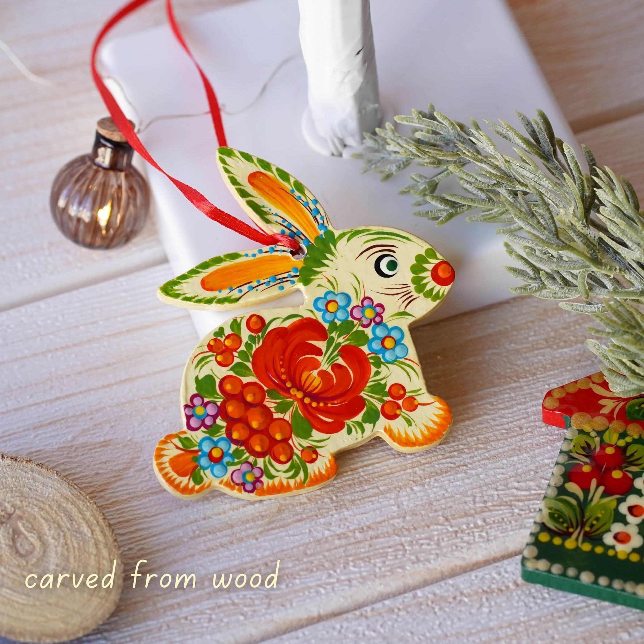 Set of Hand-painted Wooden Bunny & Bird Ornaments - Handmade Red Flower Ukrainian Petrykivka Art Christmas Tree Decorations, Unique