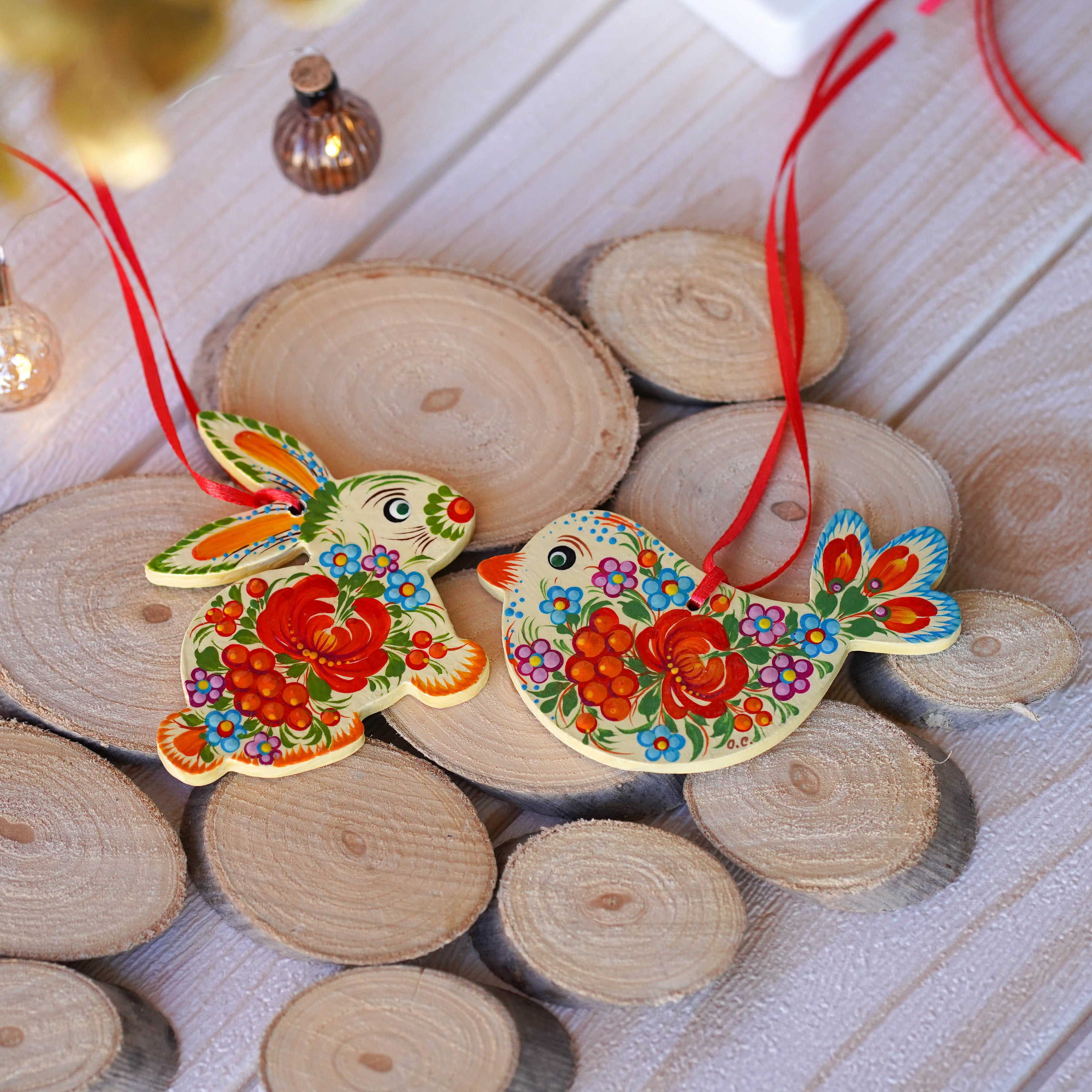 Set of Hand-painted Wooden Bunny & Bird Ornaments - Handmade Red Flower Ukrainian Petrykivka Art Christmas Tree Decorations, Unique