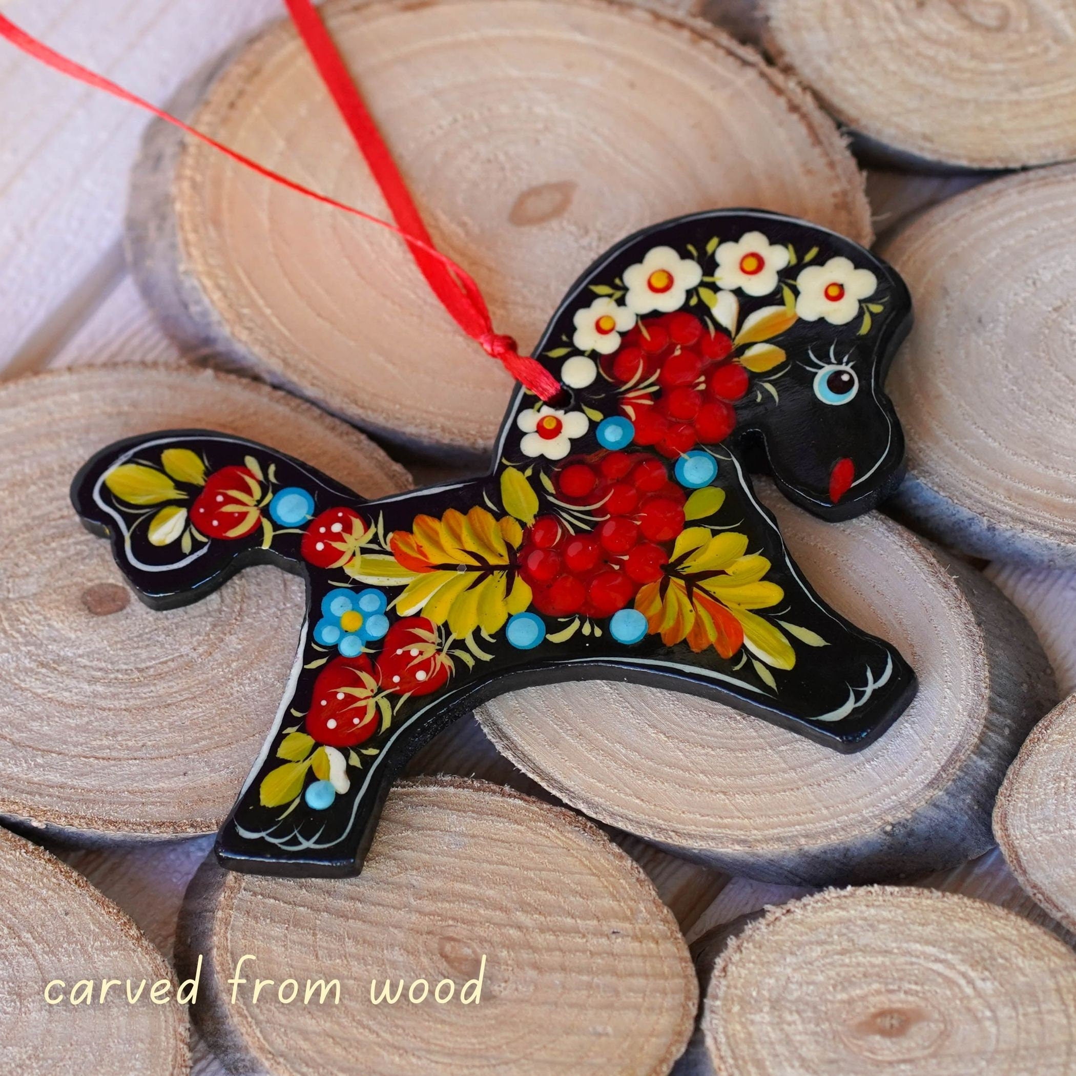 Painted Wooden Horse Christmas Ornament - Handmade Red Flower Christmas Tree Decoration, Ukrainian Petrykivka Art Christmas Ornament