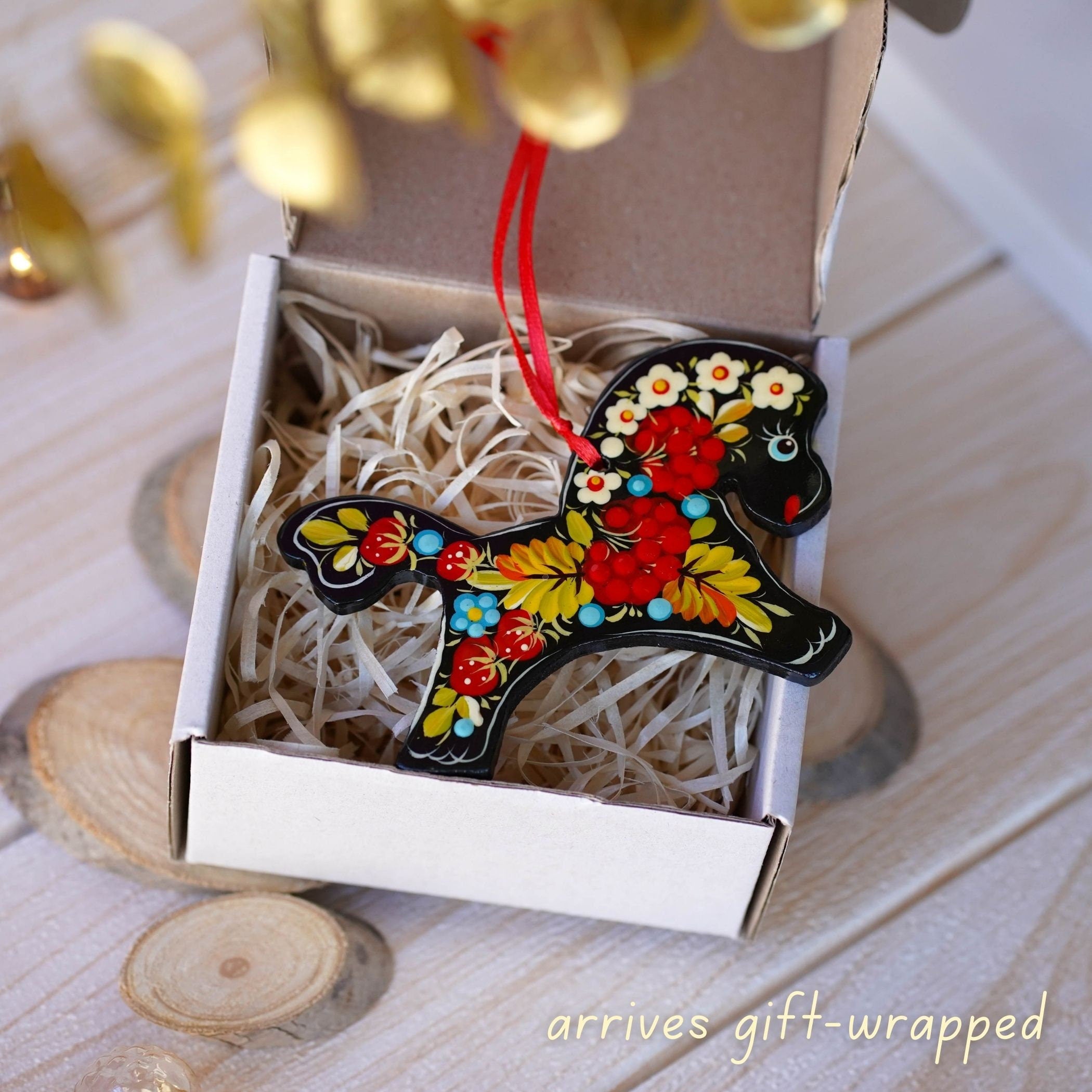 Painted Wooden Horse Christmas Ornament - Handmade Red Flower Christmas Tree Decoration, Ukrainian Petrykivka Art Christmas Ornament