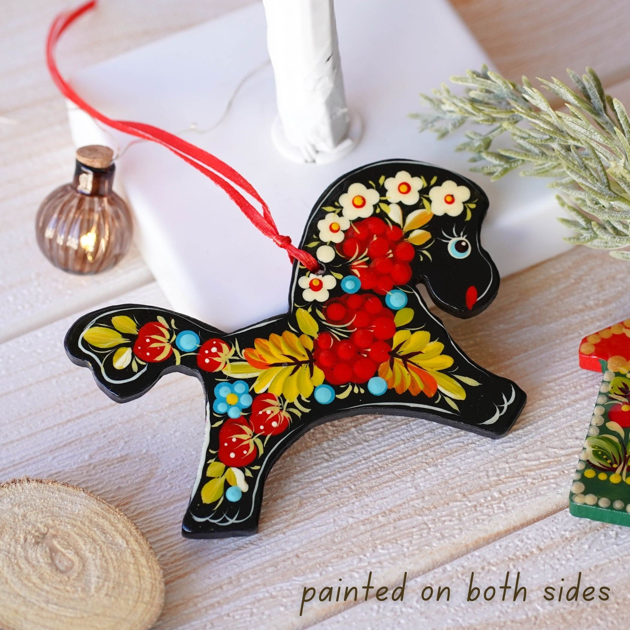 Painted Wooden Horse Christmas Ornament - Handmade Red Flower Christmas Tree Decoration, Ukrainian Petrykivka Art Christmas Ornament