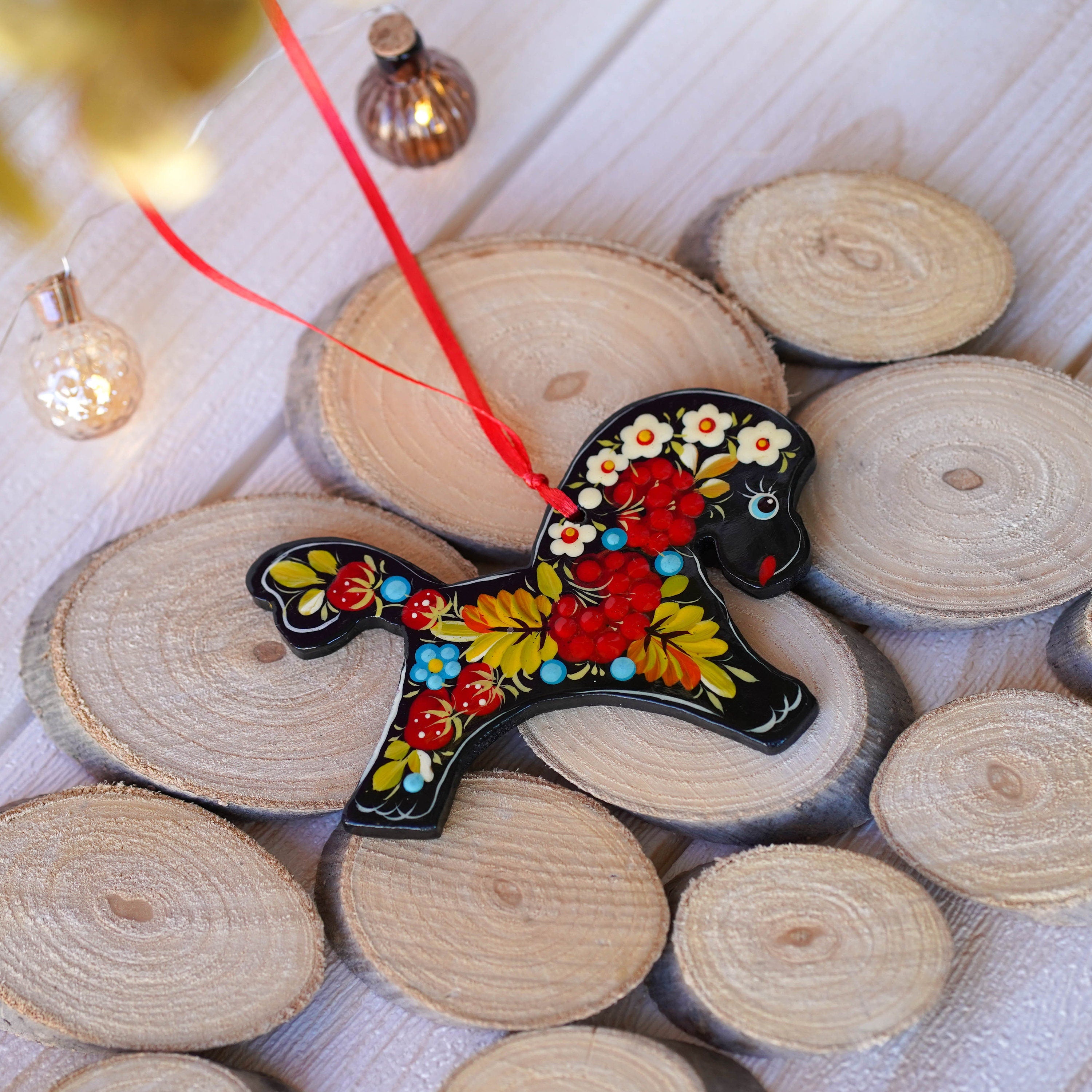 Painted Wooden Horse Christmas Ornament - Handmade Red Flower Christmas Tree Decoration, Ukrainian Petrykivka Art Christmas Ornament