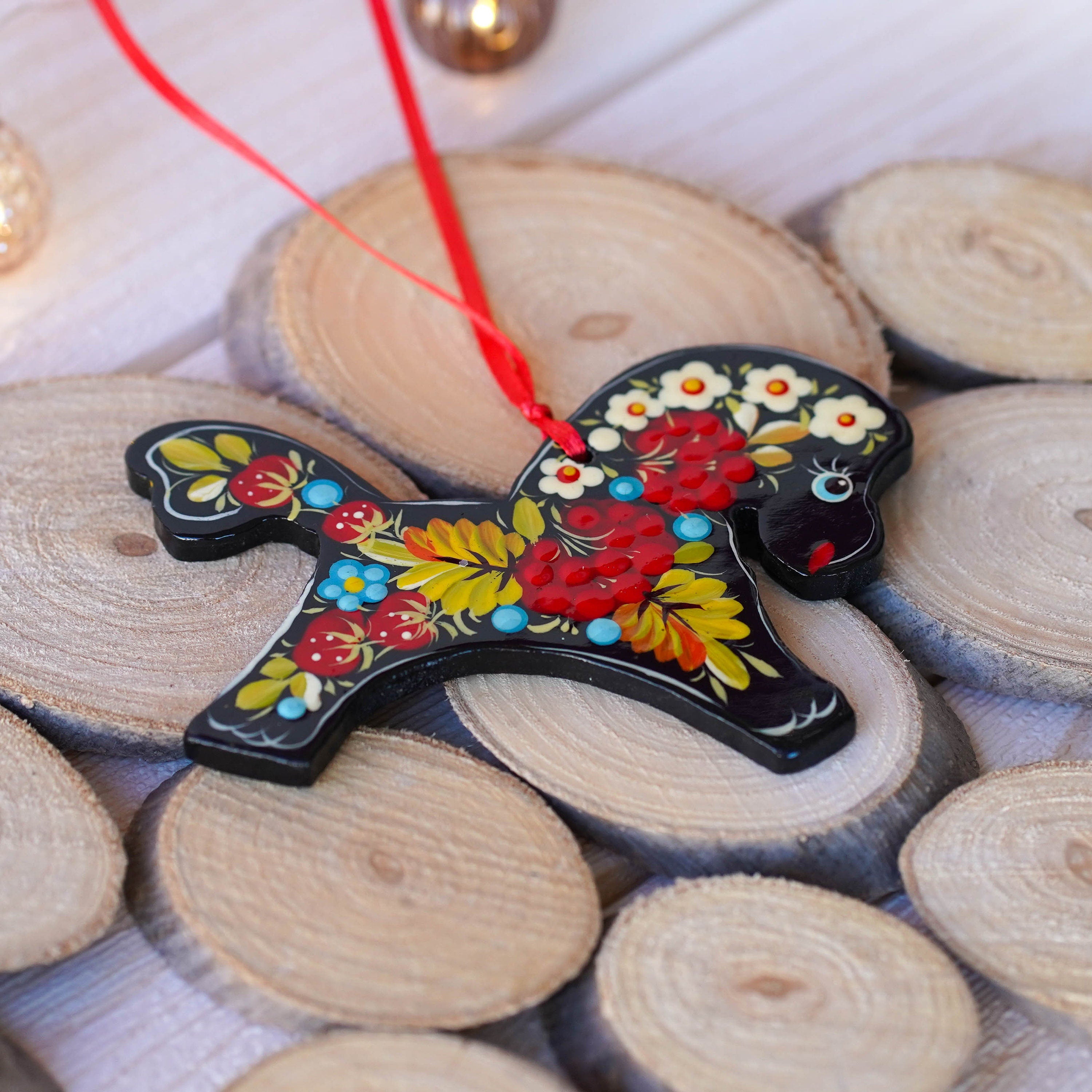 Painted Wooden Horse Christmas Ornament - Handmade Red Flower Christmas Tree Decoration, Ukrainian Petrykivka Art Christmas Ornament