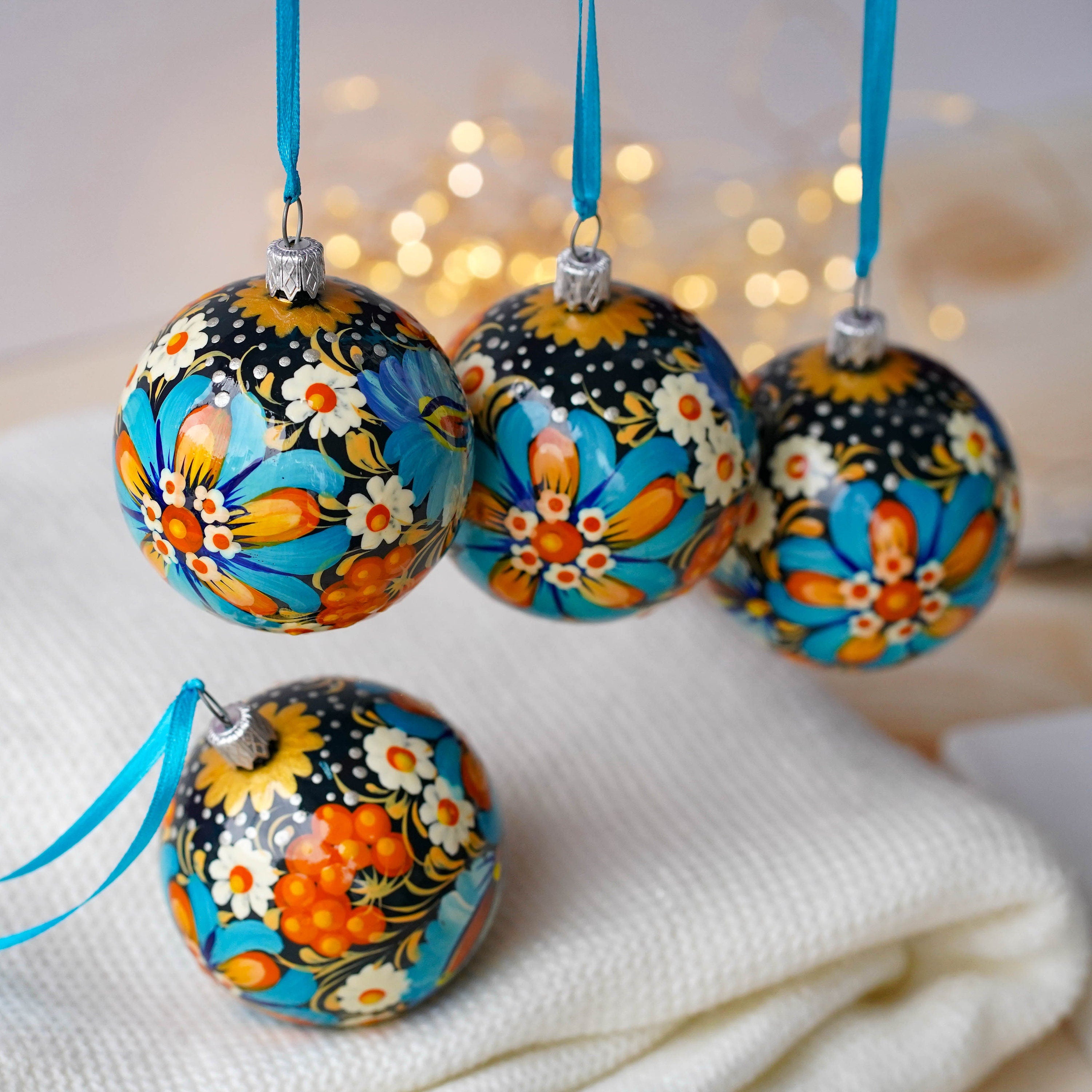 Christmas Ornament Set of 4/6/9 pcs - Hand-painted Ukrainian Christmas Ball Ornaments 2.4 in with Petrykivka art, Unique Blue Flower Baubles