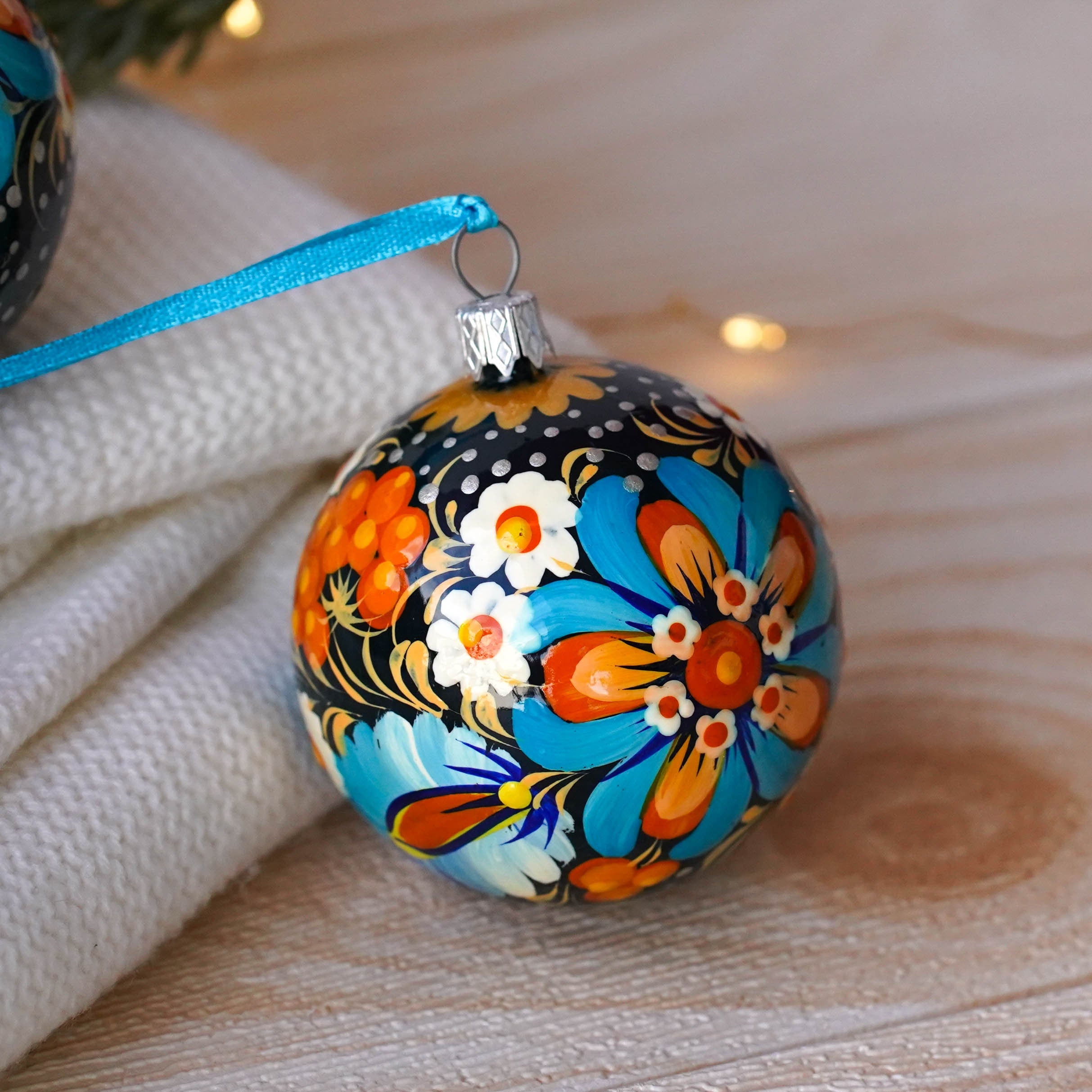 Christmas Ornament Set of 4/6/9 pcs - Hand-painted Ukrainian Christmas Ball Ornaments 2.4 in with Petrykivka art, Unique Blue Flower Baubles