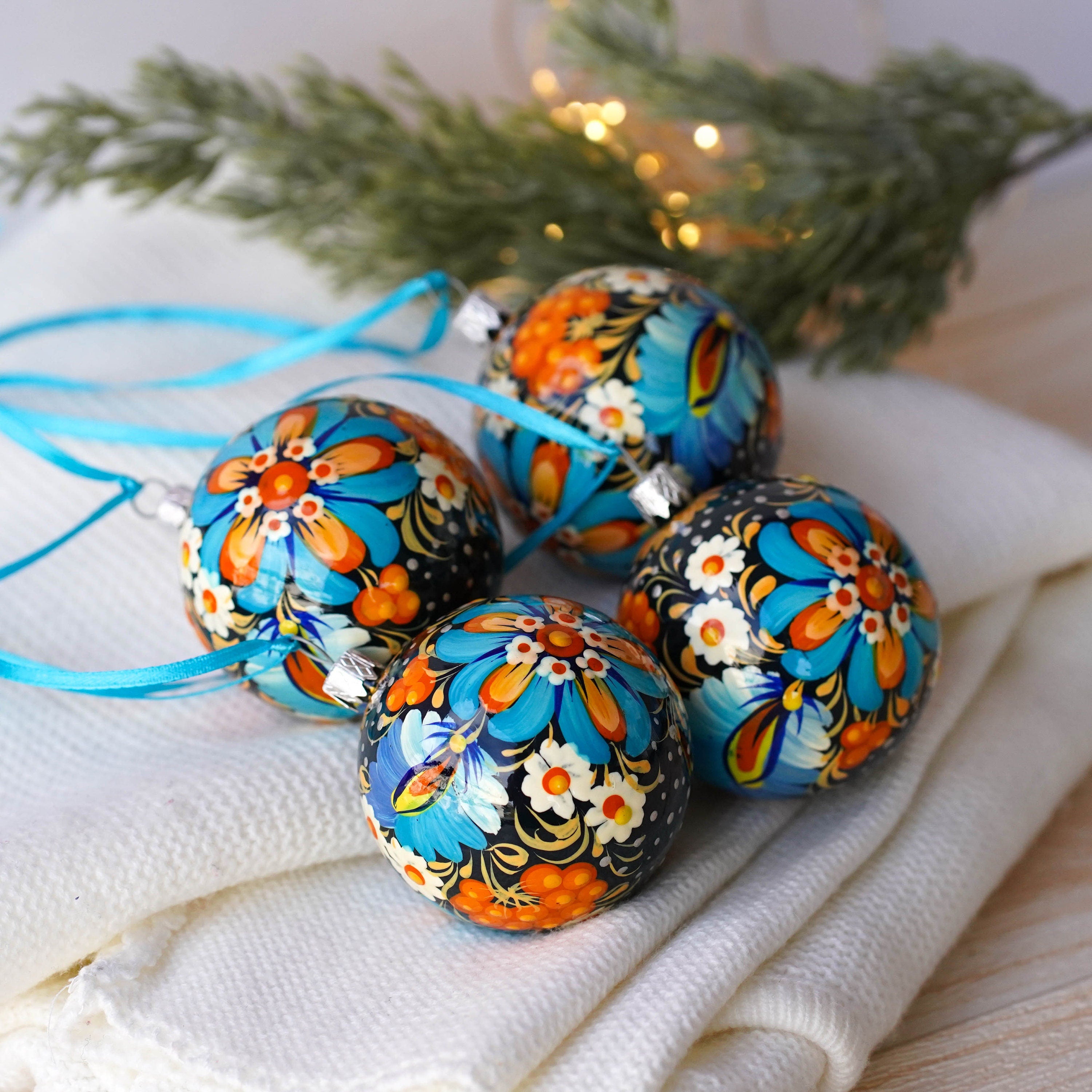 Christmas Ornament Set of 4/6/9 pcs - Hand-painted Ukrainian Christmas Ball Ornaments 2.4 in with Petrykivka art, Unique Blue Flower Baubles