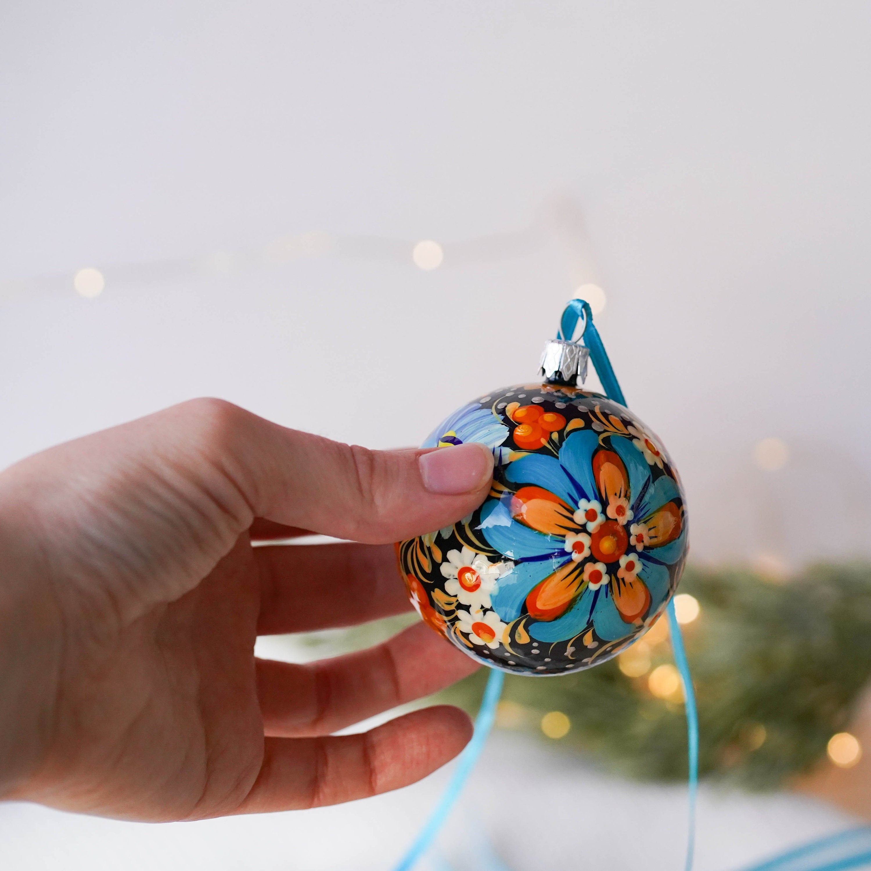 Christmas Ornament Set of 4/6/9 pcs - Hand-painted Ukrainian Christmas Ball Ornaments 2.4 in with Petrykivka art, Unique Blue Flower Baubles