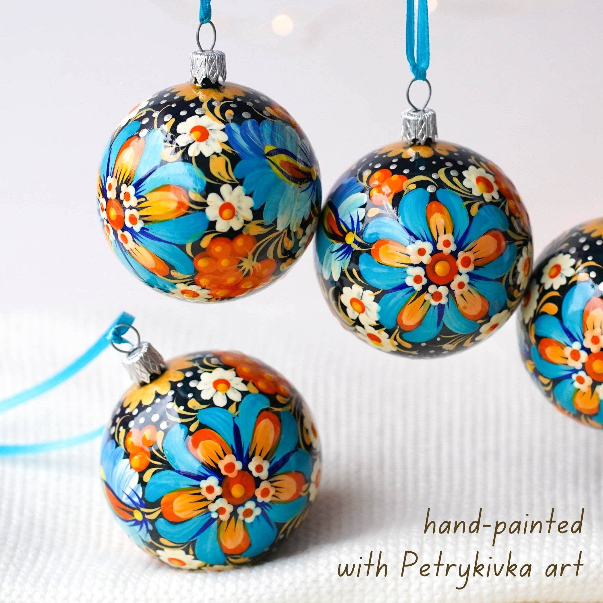 Christmas Ornament Set of 4/6/9 pcs - Hand-painted Ukrainian Christmas Ball Ornaments 2.4 in with Petrykivka art, Unique Blue Flower Baubles