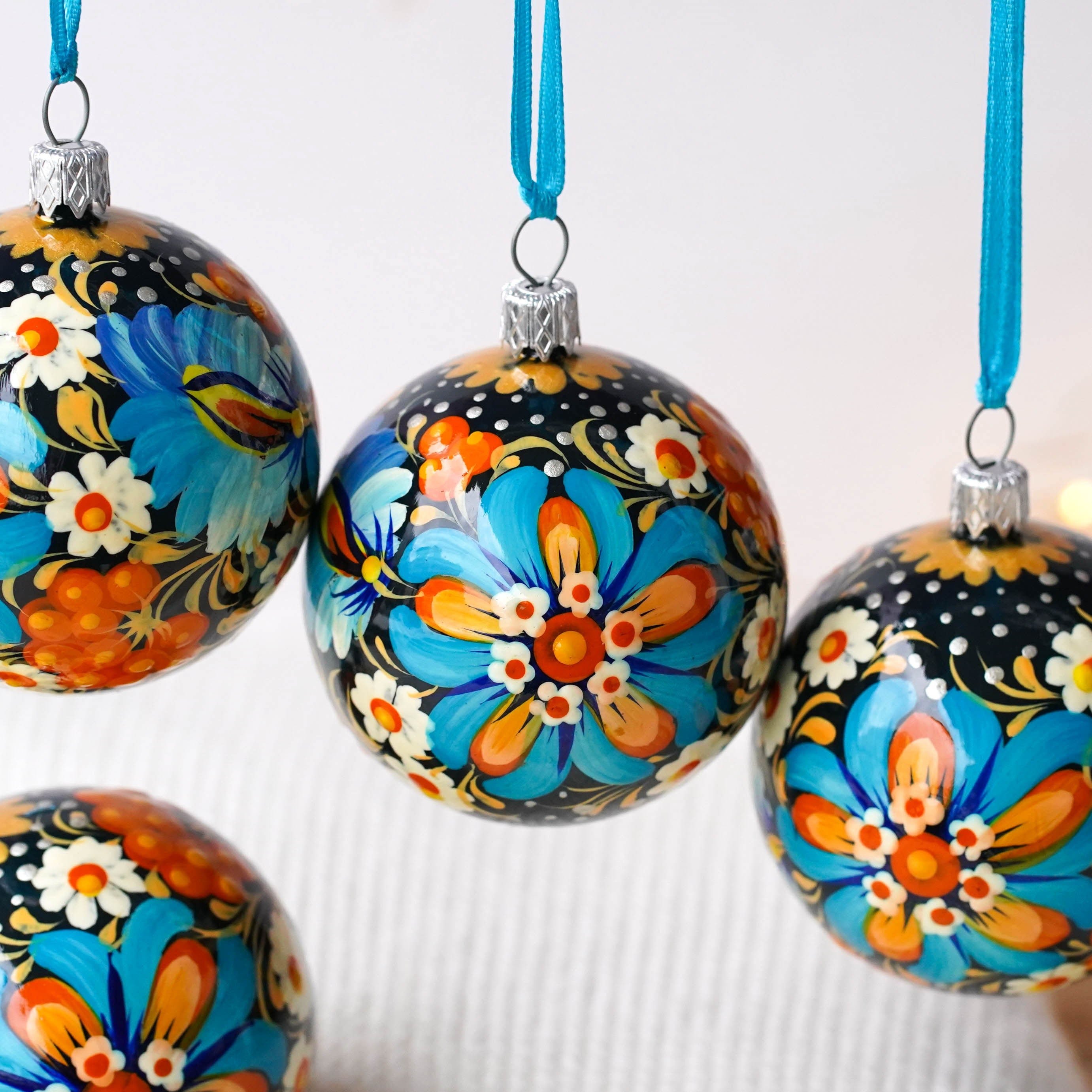 Christmas Ornament Set of 4/6/9 pcs - Hand-painted Ukrainian Christmas Ball Ornaments 2.4 in with Petrykivka art, Unique Blue Flower Baubles