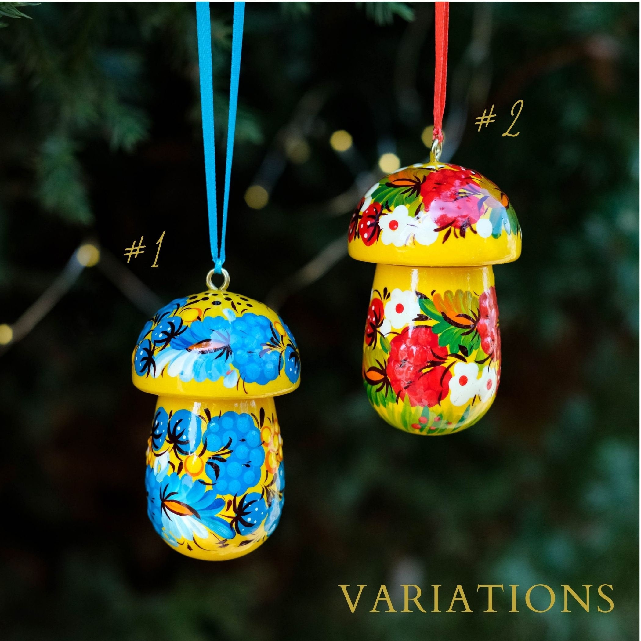 Painted Wooden Mushroom Christmas Ornament - Handmade Fillable Ornament with Ukrainian Folk Art Petrykivka, Flower Christmas Tree Decoration