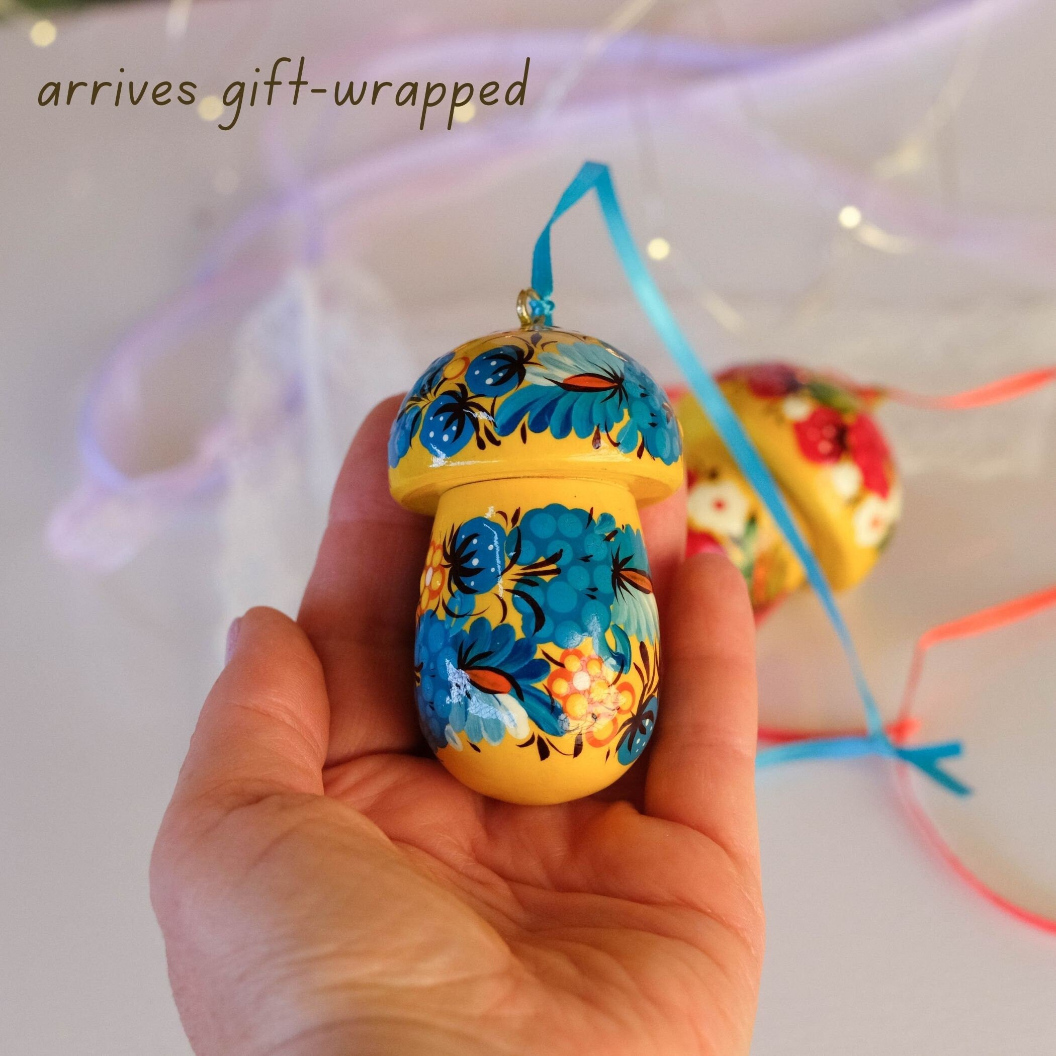 Painted Wooden Mushroom Christmas Ornament - Handmade Fillable Ornament with Ukrainian Folk Art Petrykivka, Flower Christmas Tree Decoration