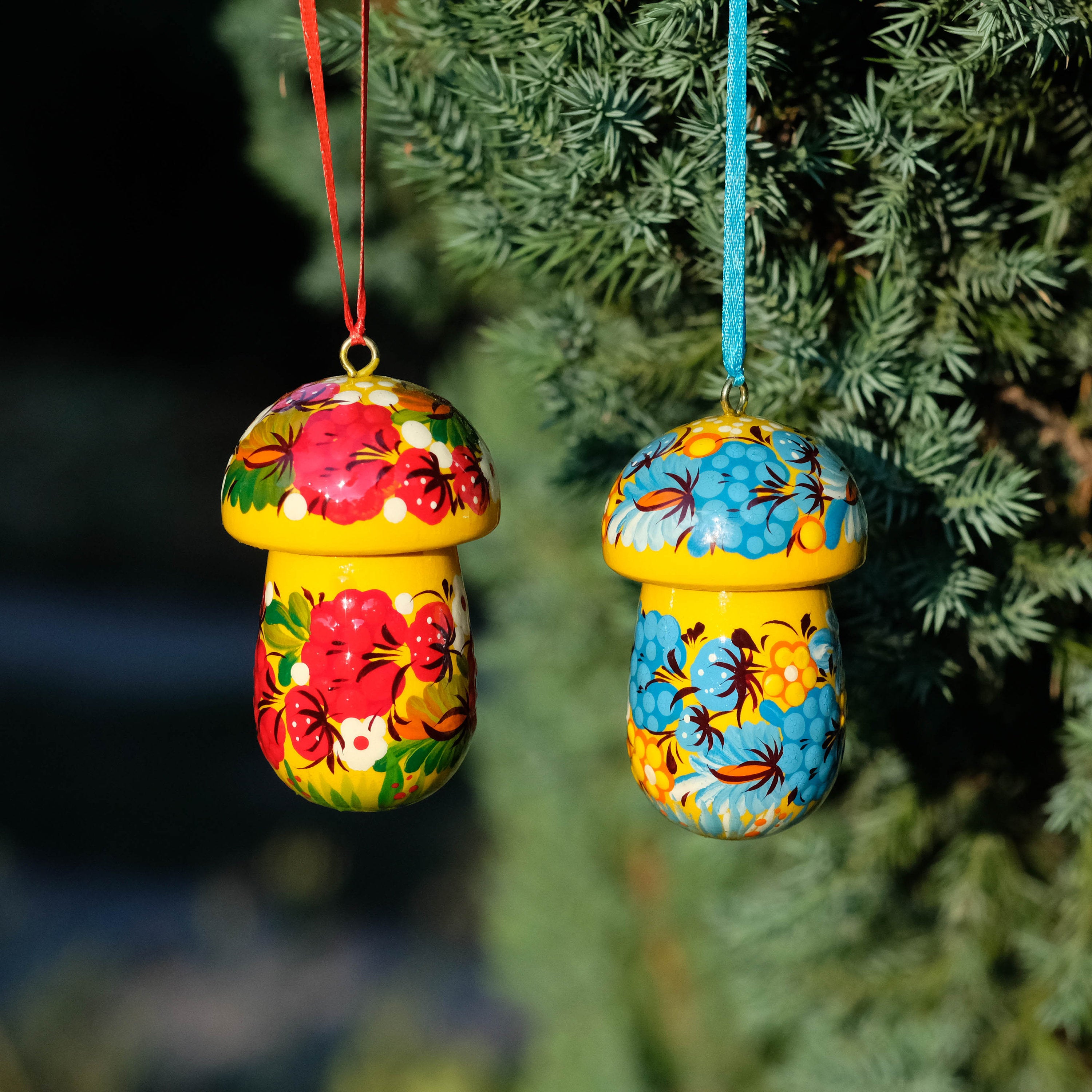 Painted Wooden Mushroom Christmas Ornament - Handmade Fillable Ornament with Ukrainian Folk Art Petrykivka, Flower Christmas Tree Decoration