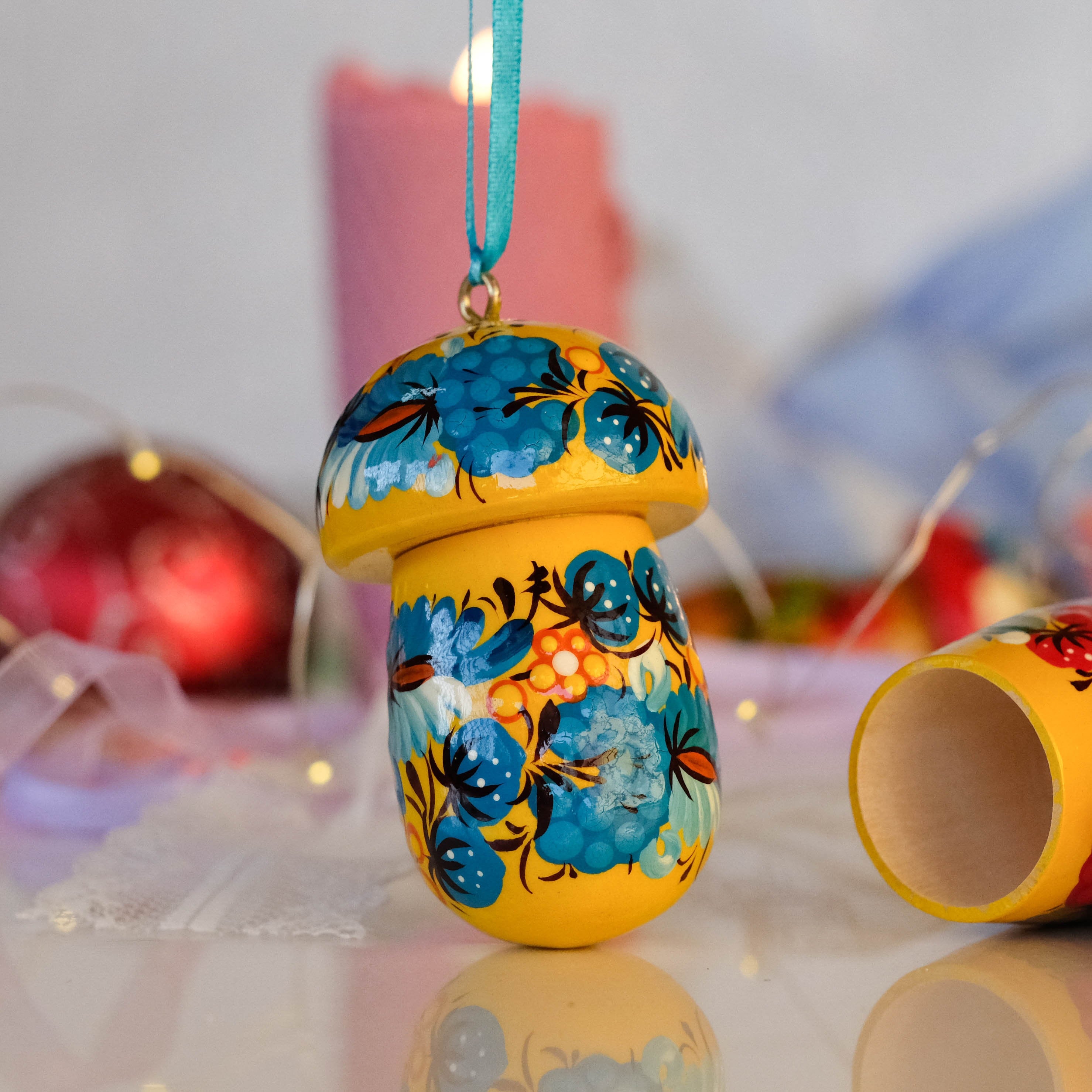 Painted Wooden Mushroom Christmas Ornament - Handmade Fillable Ornament with Ukrainian Folk Art Petrykivka, Flower Christmas Tree Decoration