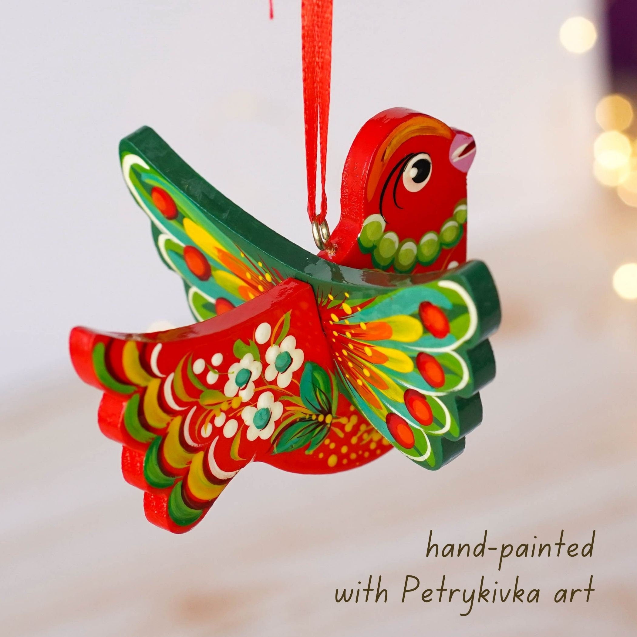 Painted Wooden Cardinal Christmas Ornament - Personalized Handmade Red Bird Christmas Tree Decoration with Ukrainian Petrykivka Art