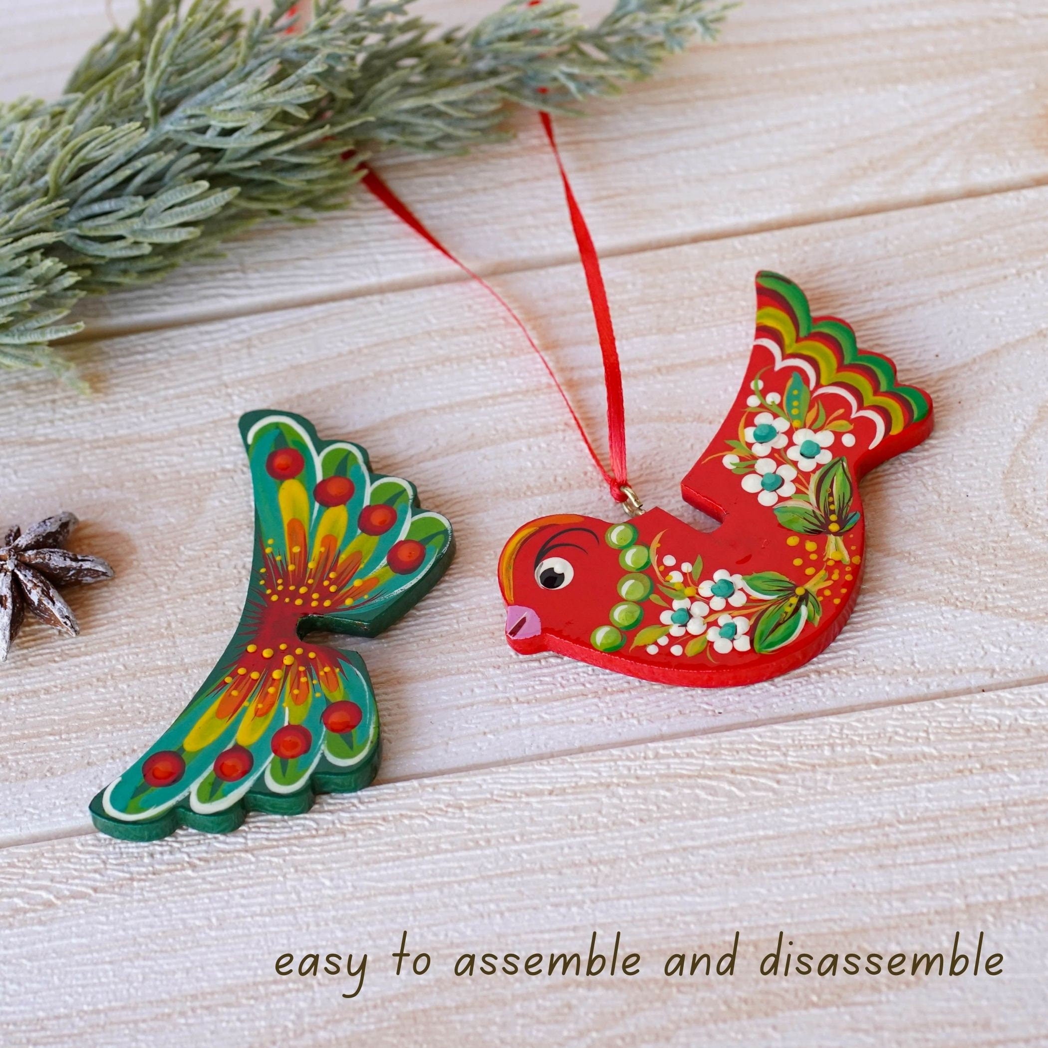 Painted Wooden Cardinal Christmas Ornament - Personalized Handmade Red Bird Christmas Tree Decoration with Ukrainian Petrykivka Art