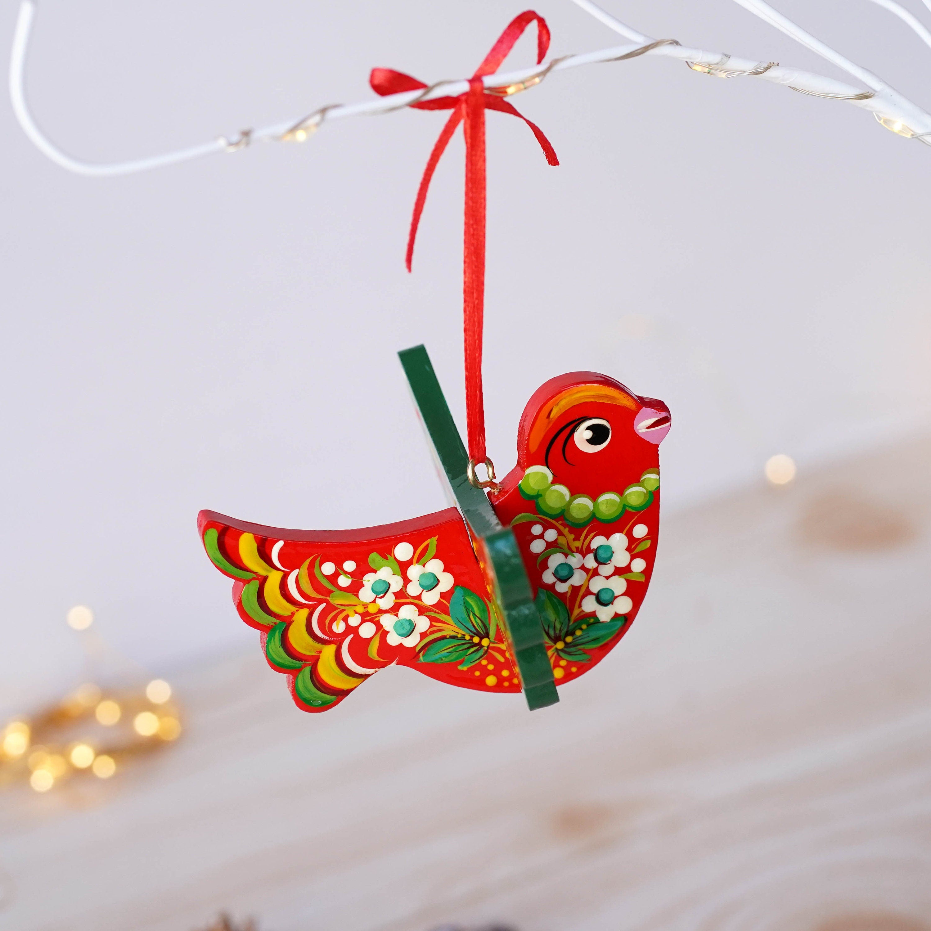 Painted Wooden Cardinal Christmas Ornament - Personalized Handmade Red Bird Christmas Tree Decoration with Ukrainian Petrykivka Art