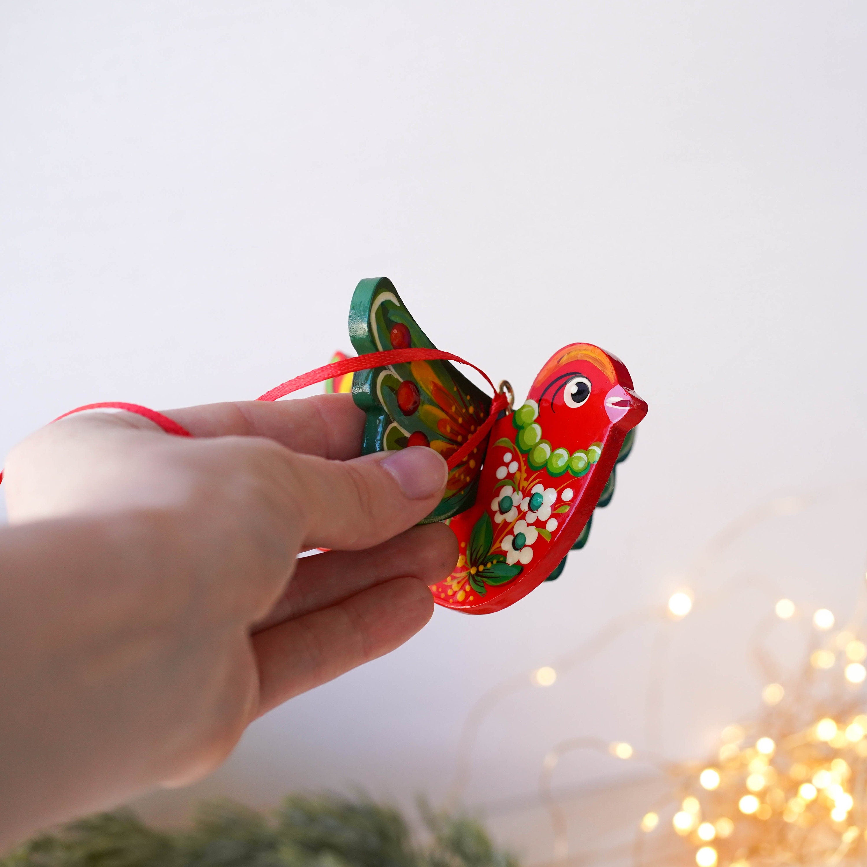 Painted Wooden Cardinal Christmas Ornament - Personalized Handmade Red Bird Christmas Tree Decoration with Ukrainian Petrykivka Art